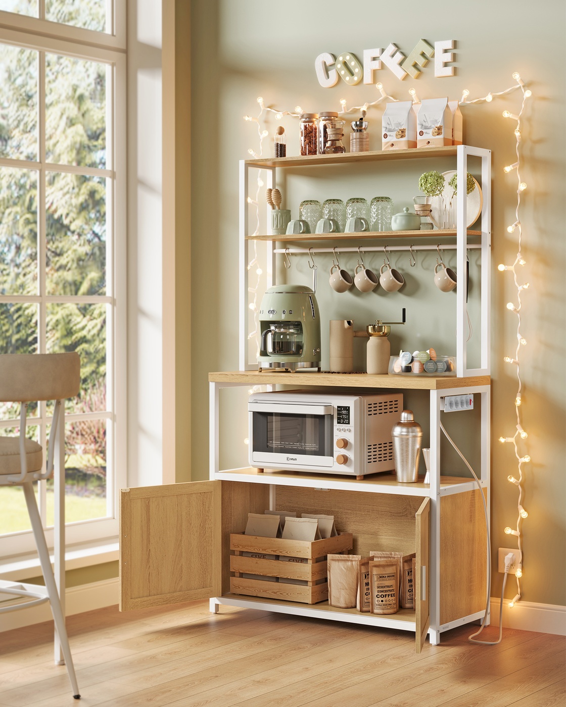 Kitchen shelf 40 x 80 x 170 cm with outlets and 8 hooks, golden oak-cloud white - Image 4