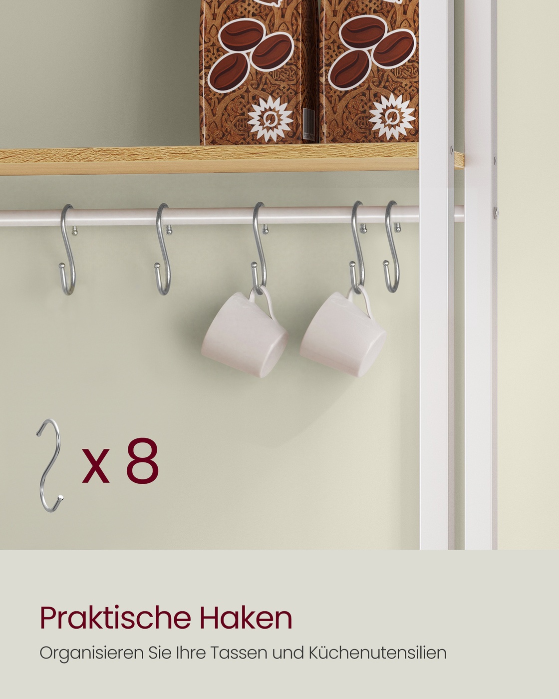 Kitchen shelf 40 x 80 x 170 cm with outlets and 8 hooks, golden oak-cloud white - Image 6