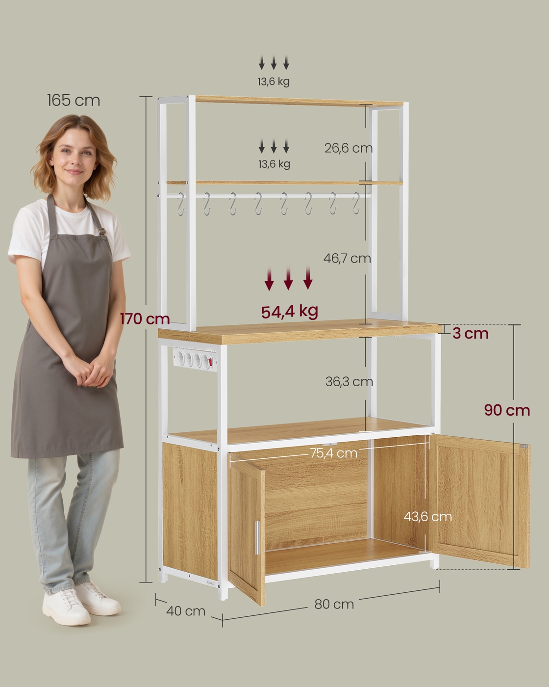 Kitchen shelf 40 x 80 x 170 cm with outlets and 8 hooks, golden oak-cloud white - Image 7