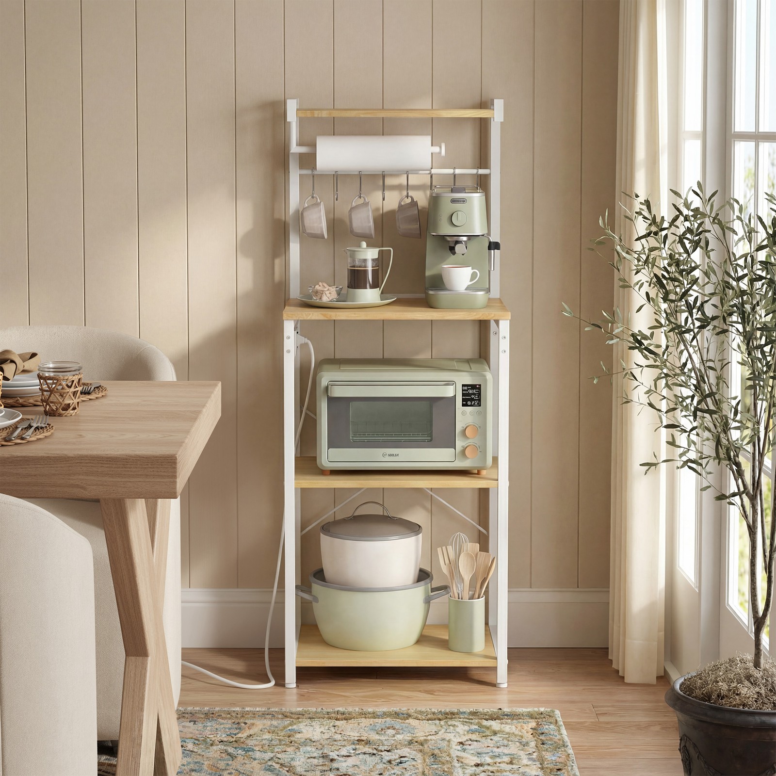 4-tier freestanding shelf, kitchen shelf with charging station, 8 hooks