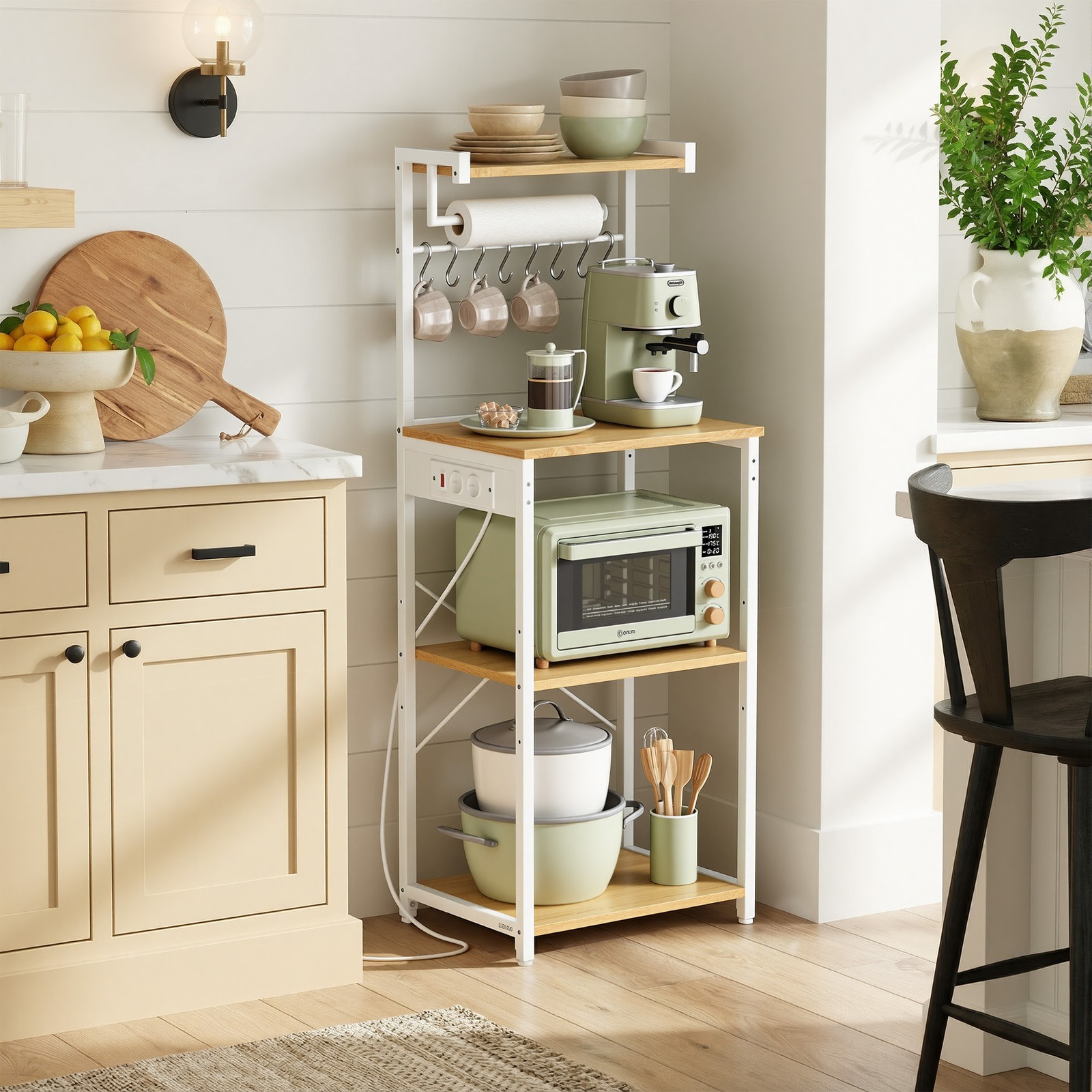 4-tier freestanding shelf, kitchen shelf with charging station, 8 hooks - Image 2