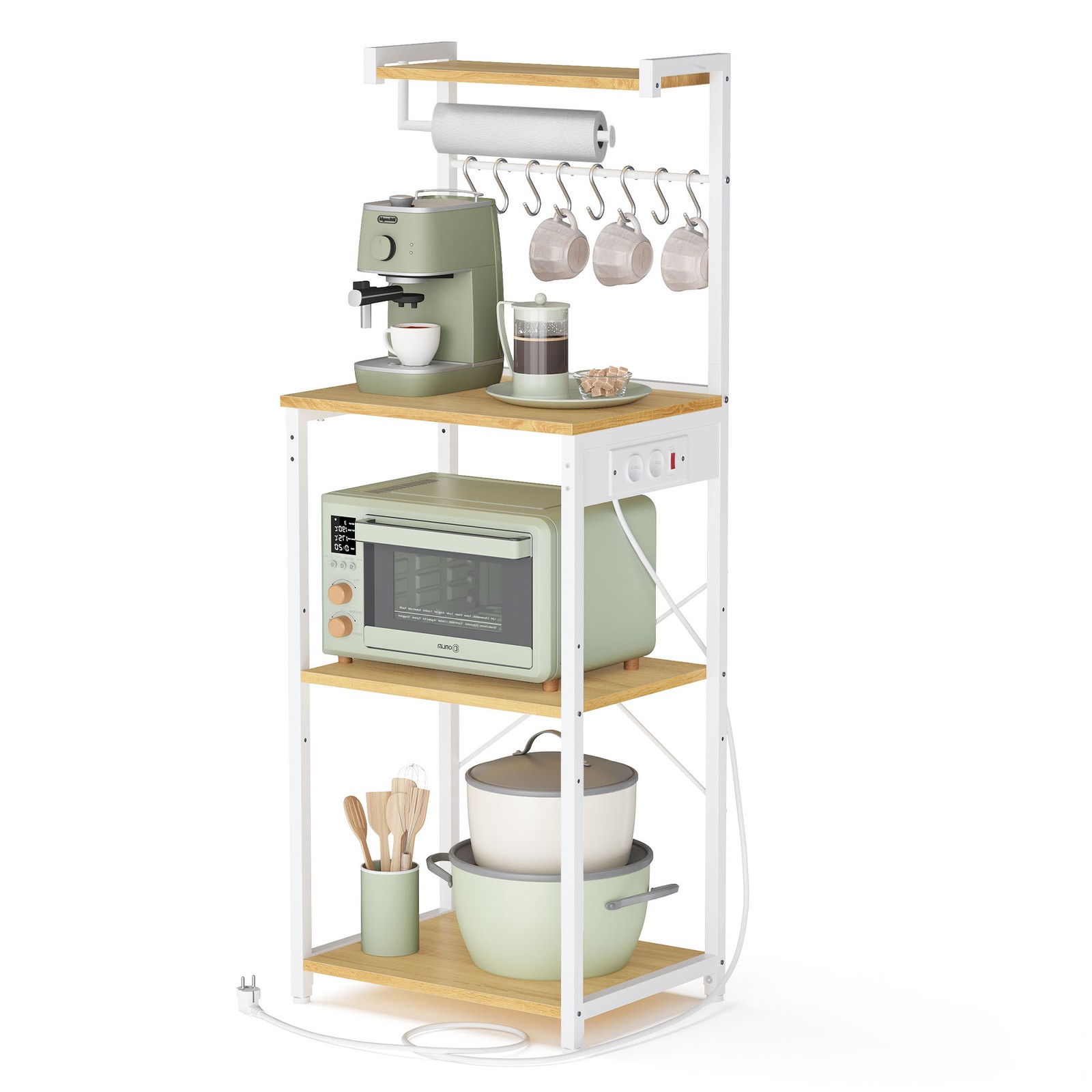 4-tier freestanding shelf, kitchen shelf with charging station, 8 hooks - Image 7