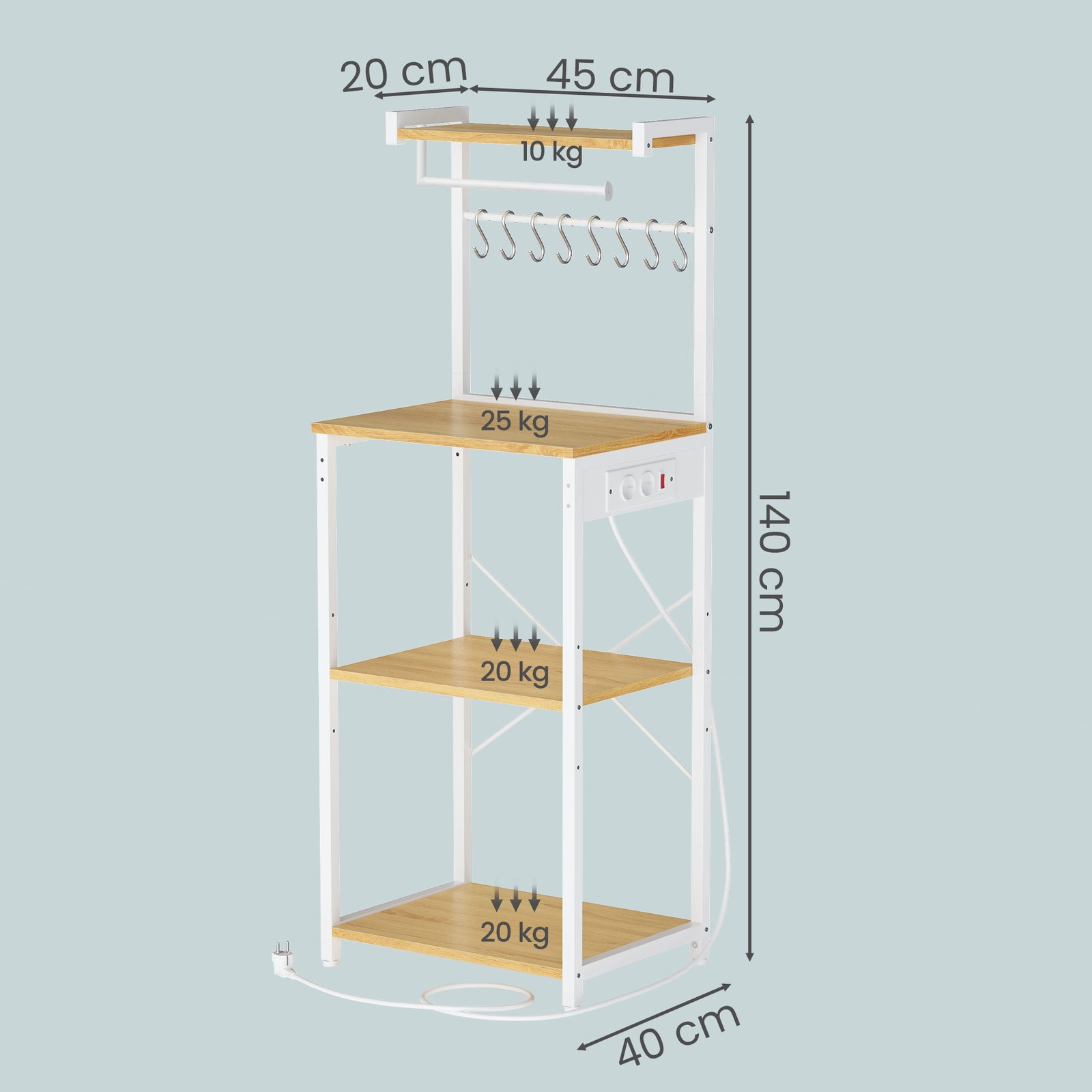 4-tier freestanding shelf, kitchen shelf with charging station, 8 hooks - Image 8