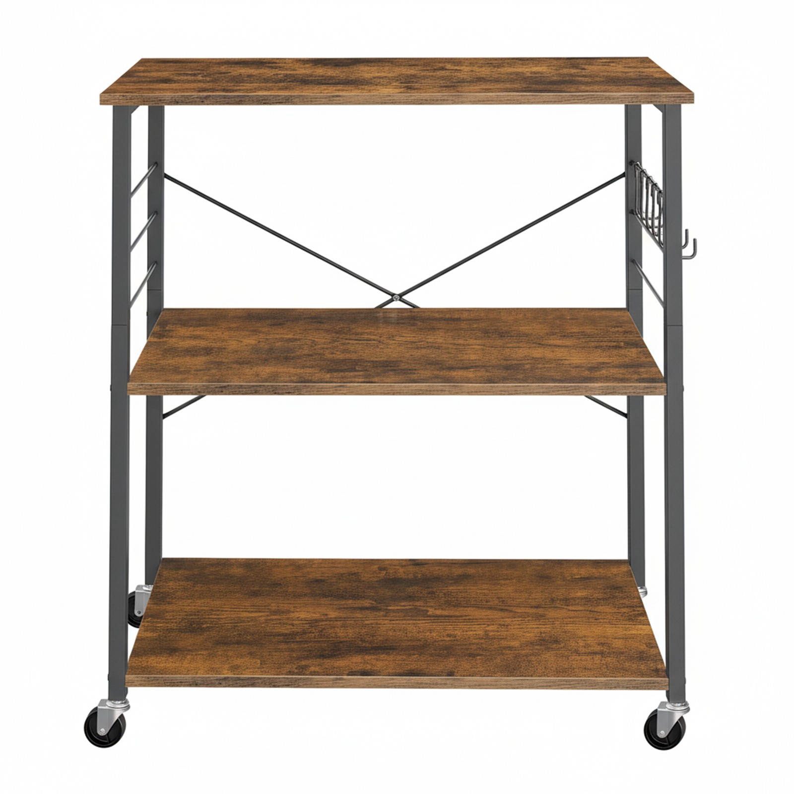 VASAGLE Kitchen Shelving Unit on Casters, Serving Cart with 3 Shelves, Microwave Stand, for Mini Oven, Toaster, Kettle, Metal, with 6 Hooks, Industrial Design, Vintage, Dark Brown