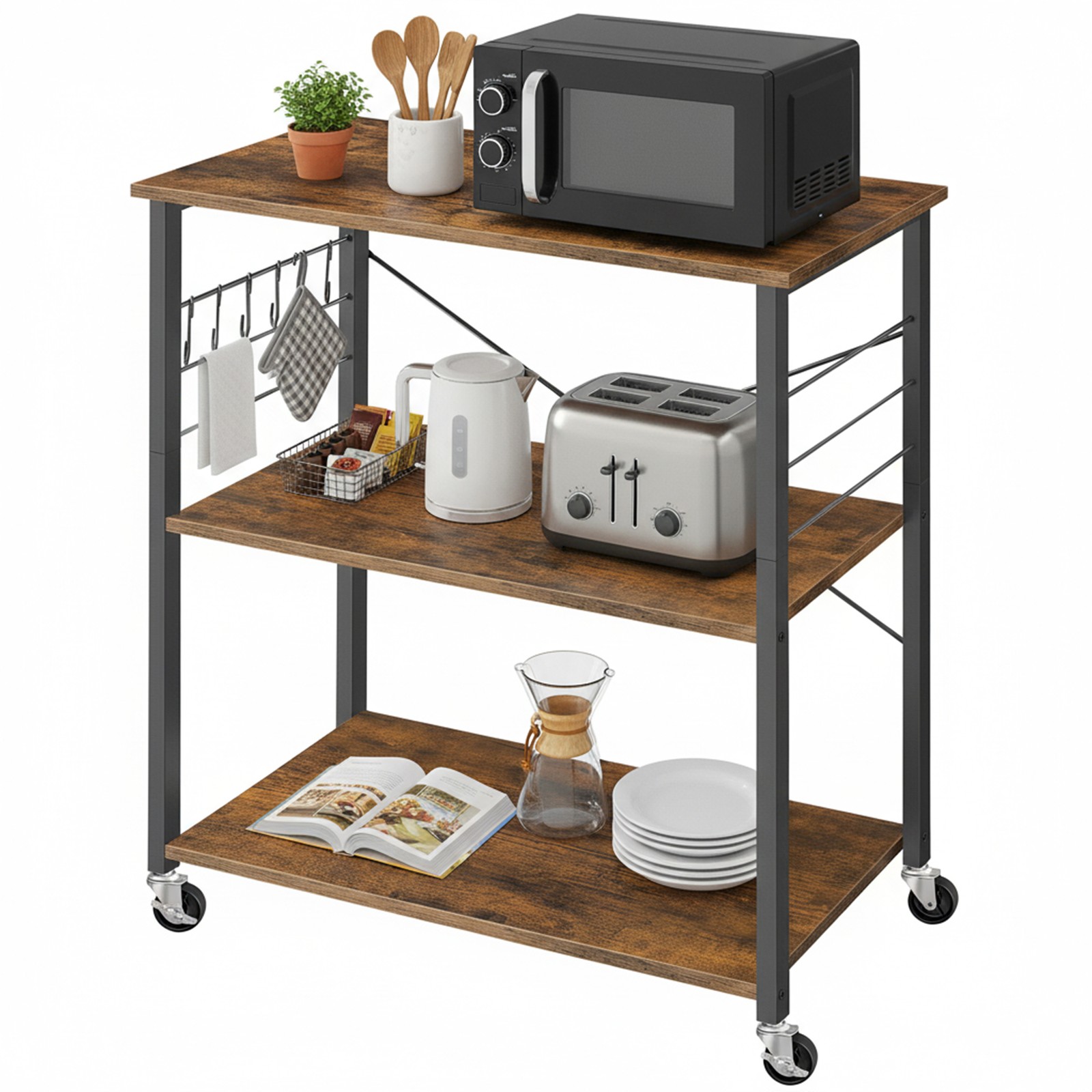VASAGLE Kitchen Shelving Unit on Casters, Serving Cart with 3 Shelves, Microwave Stand, for Mini Oven, Toaster, Kettle, Metal, with 6 Hooks, Industrial Design, Vintage, Dark Brown - Image 2