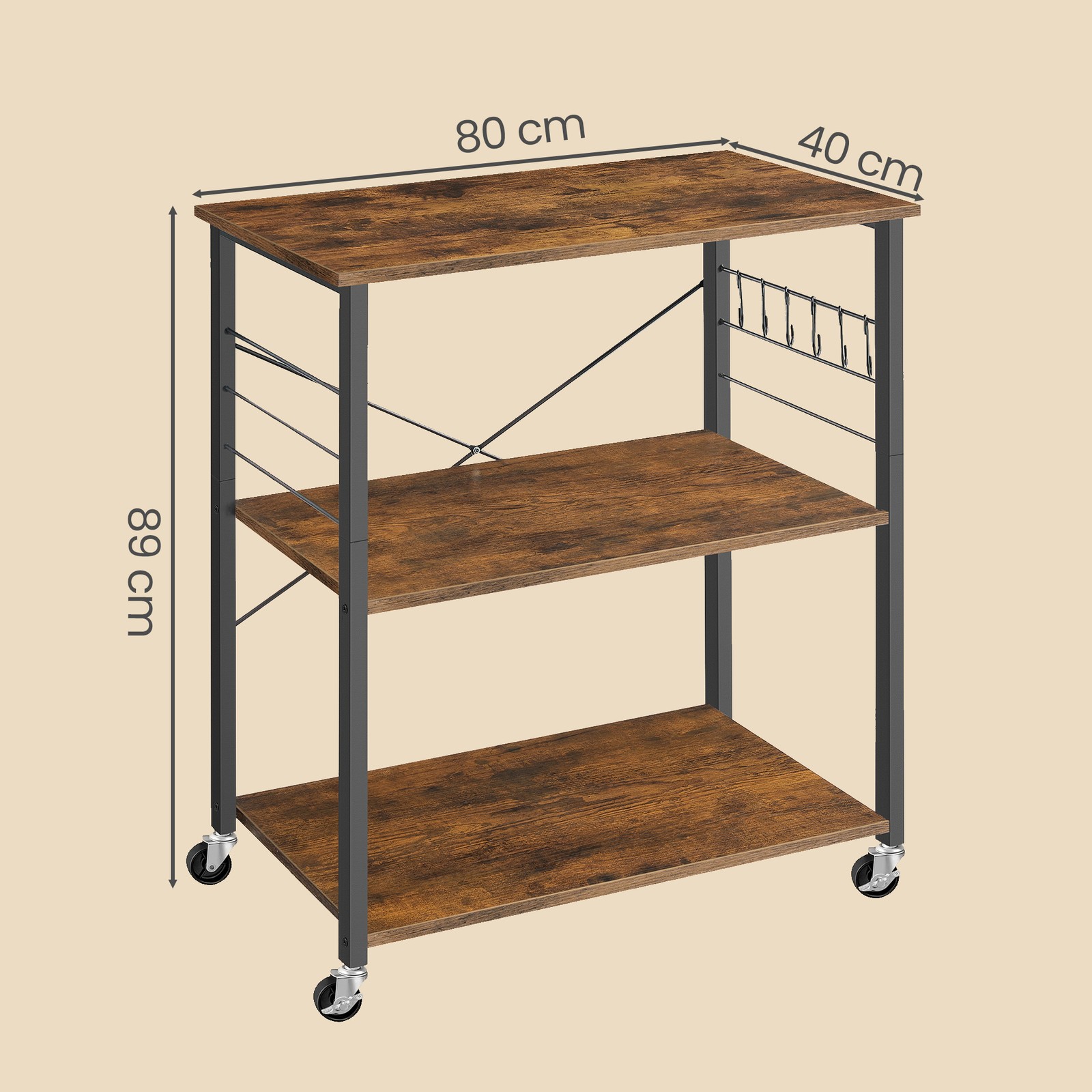 VASAGLE Kitchen Shelving Unit on Casters, Serving Cart with 3 Shelves, Microwave Stand, for Mini Oven, Toaster, Kettle, Metal, with 6 Hooks, Industrial Design, Vintage, Dark Brown - Image 3