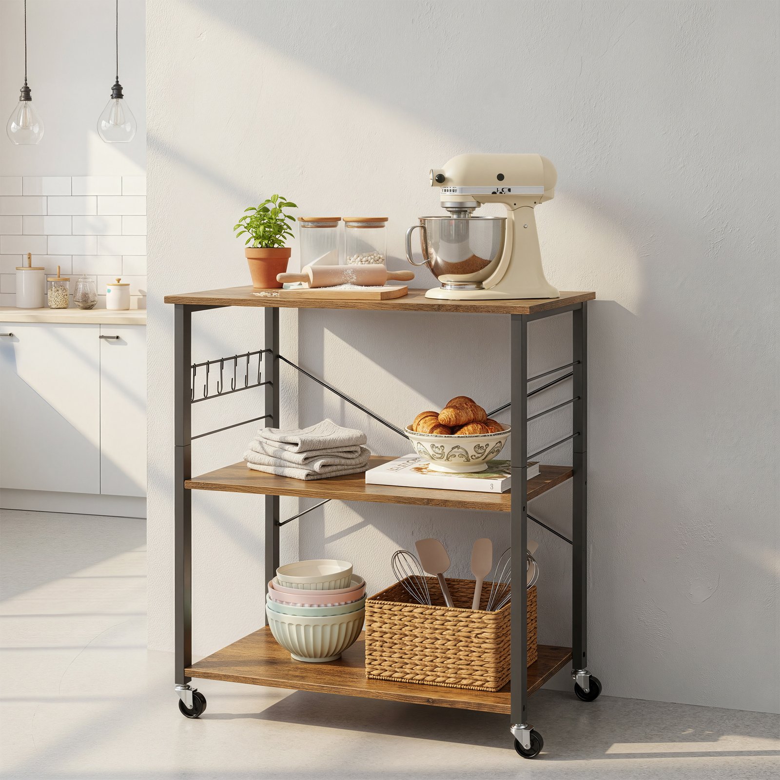 VASAGLE Kitchen Shelving Unit on Casters, Serving Cart with 3 Shelves, Microwave Stand, for Mini Oven, Toaster, Kettle, Metal, with 6 Hooks, Industrial Design, Vintage, Dark Brown - Image 4