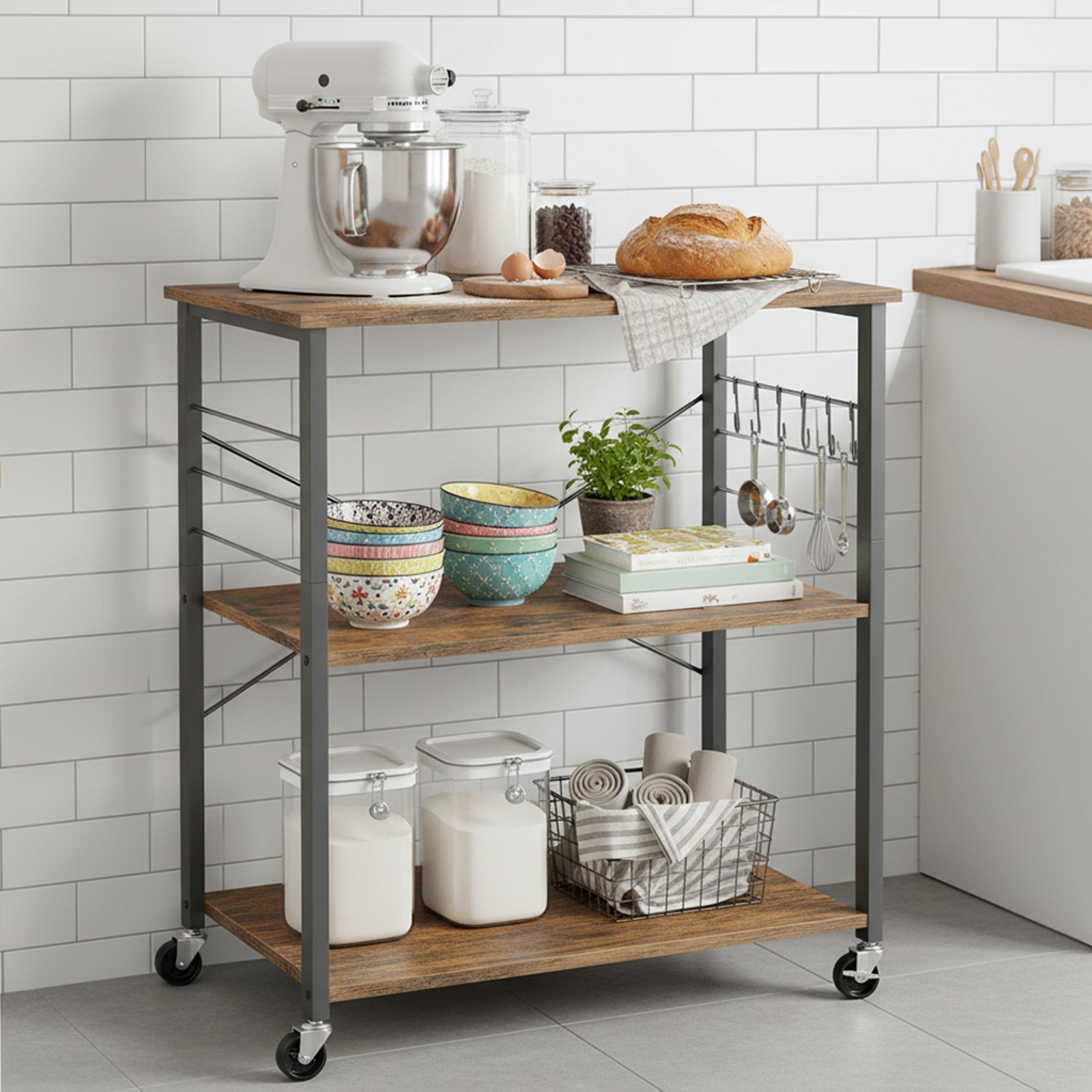 VASAGLE Kitchen Shelving Unit on Casters, Serving Cart with 3 Shelves, Microwave Stand, for Mini Oven, Toaster, Kettle, Metal, with 6 Hooks, Industrial Design, Vintage, Dark Brown - Image 5