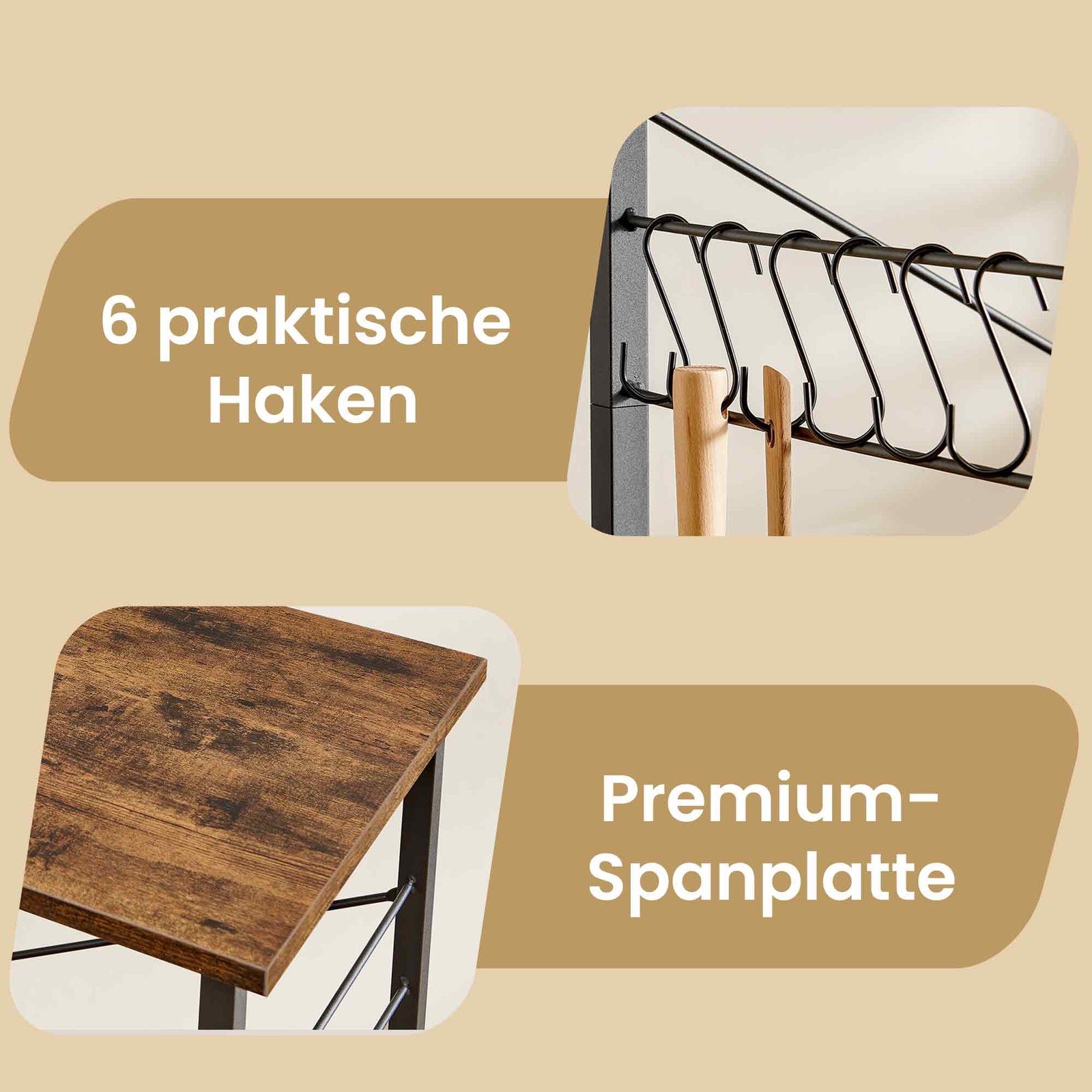 VASAGLE Kitchen Shelving Unit on Casters, Serving Cart with 3 Shelves, Microwave Stand, for Mini Oven, Toaster, Kettle, Metal, with 6 Hooks, Industrial Design, Vintage, Dark Brown - Image 6