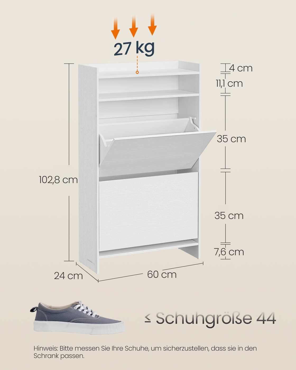 SONGMICS HOME Skoskåp med 2 luckor, supersnabb verktygsfri montering, Toolless-teknik, smalt skoskåp, skoförvaring, justerbar skiljevägg, modernt, snövit - Bild 6