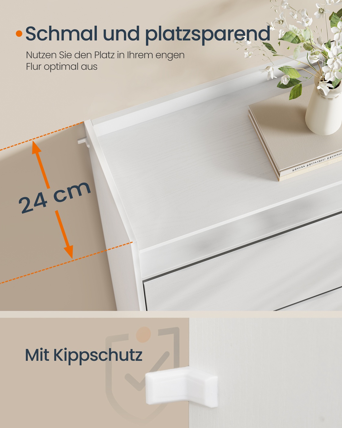 SONGMICS HOME Skoskåp med 2 luckor, supersnabb verktygsfri montering, Toolless-teknik, smalt skoskåp, skoförvaring, justerbar skiljevägg, modernt, snövit - Bild 7