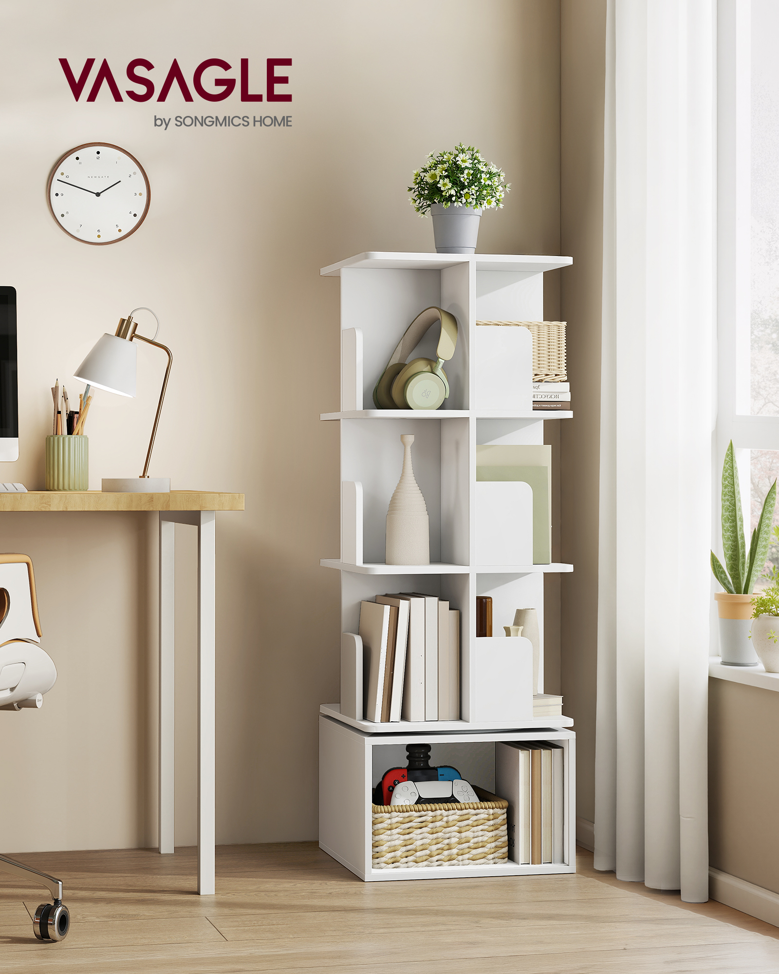 VASAGLE Custos-kollektion – roterende reol, opbevaringshylde med 4 niveauer, stående hylde med åbne rum, 40 x 40 x 124,6 cm, til soveværelset, stuen, kontoret, Cloud White