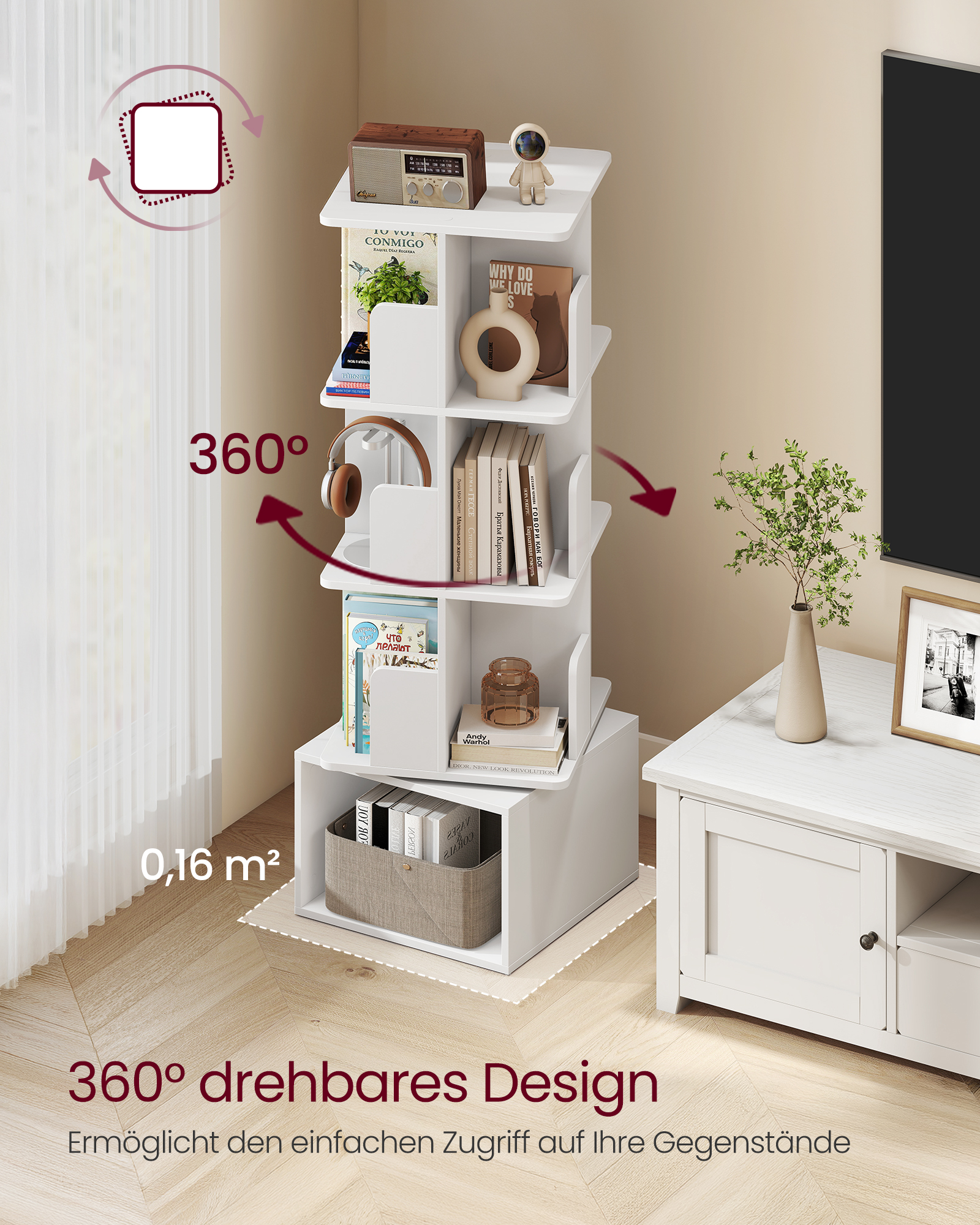 VASAGLE Custos-kollektion – roterende reol, opbevaringshylde med 4 niveauer, stående hylde med åbne rum, 40 x 40 x 124,6 cm, til soveværelset, stuen, kontoret, Cloud White - Billede 2