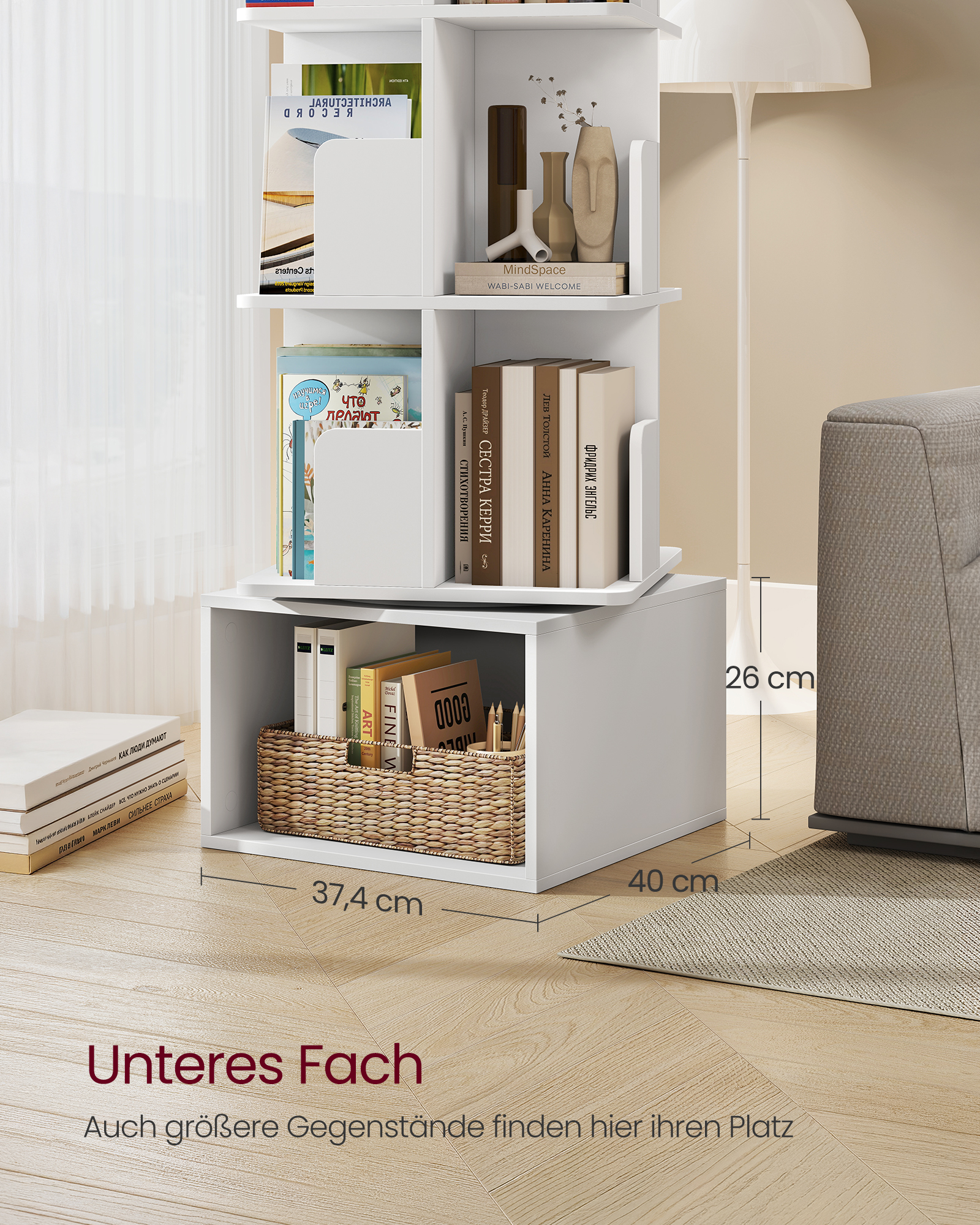 VASAGLE Custos-kollektion – roterende reol, opbevaringshylde med 4 niveauer, stående hylde med åbne rum, 40 x 40 x 124,6 cm, til soveværelset, stuen, kontoret, Cloud White - Billede 4