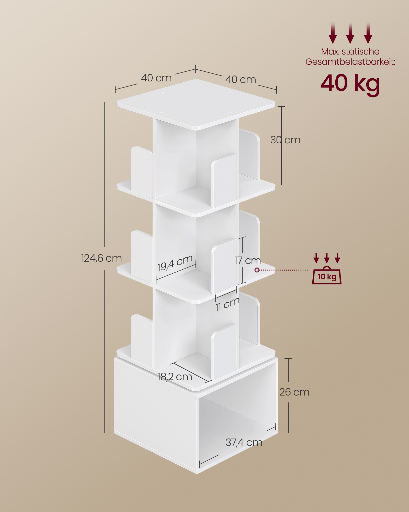 VASAGLE Custos-kollektion – roterende reol, opbevaringshylde med 4 niveauer, stående hylde med åbne rum, 40 x 40 x 124,6 cm, til soveværelset, stuen, kontoret, Cloud White - Billede 5
