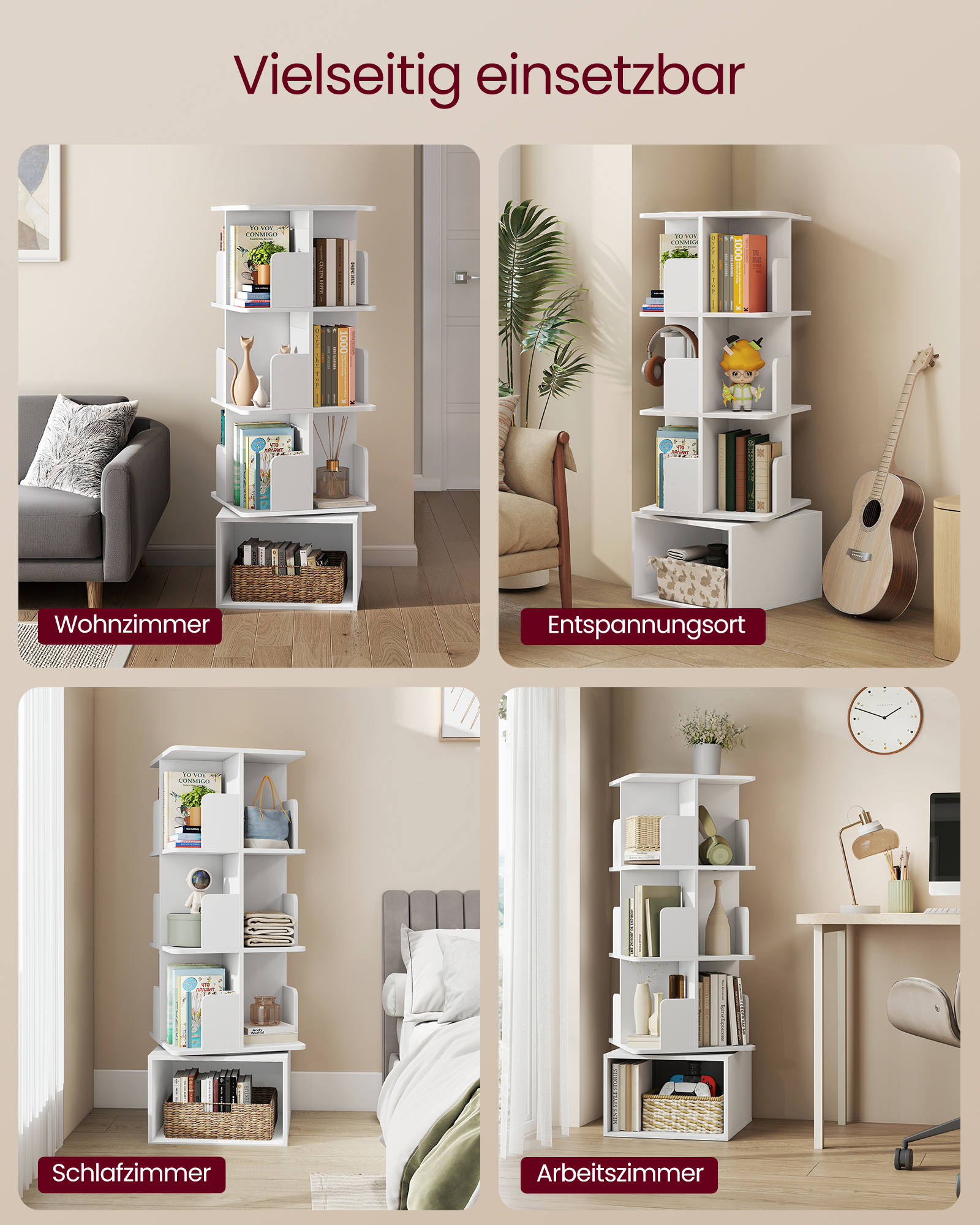 VASAGLE Custos-kollektion – roterende reol, opbevaringshylde med 4 niveauer, stående hylde med åbne rum, 40 x 40 x 124,6 cm, til soveværelset, stuen, kontoret, Cloud White - Billede 6