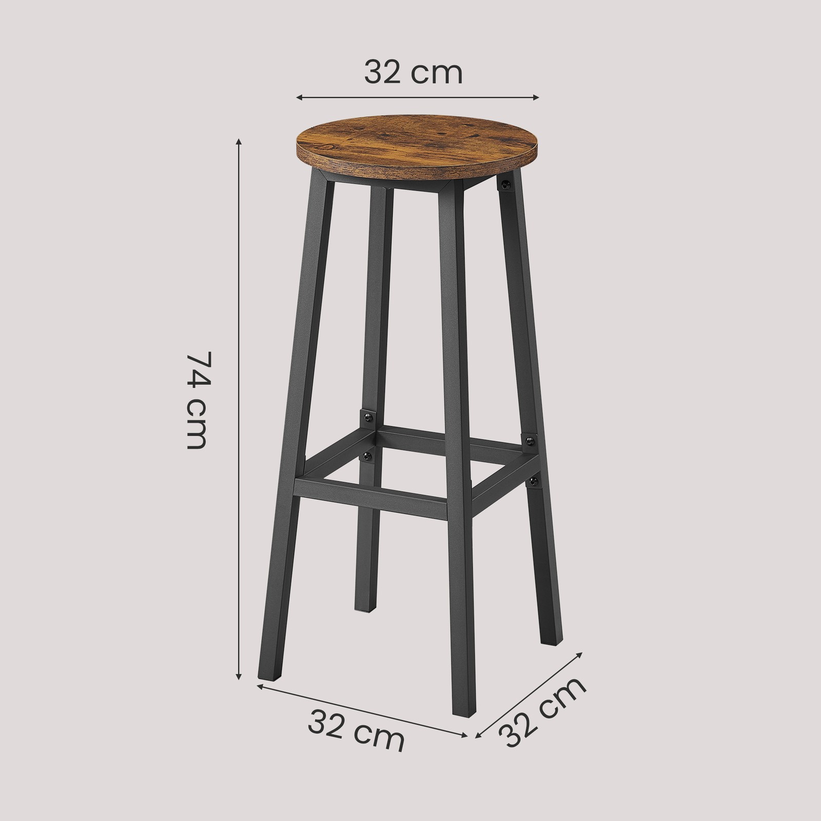 VASAGLE barstole, sæt med 2 stk., barstole, køkkenstole med metalstel, nem montering, 74 cm høje, med fodstøtte, til køkken, stue, spisestue, vintagebrun-sort - Billede 3