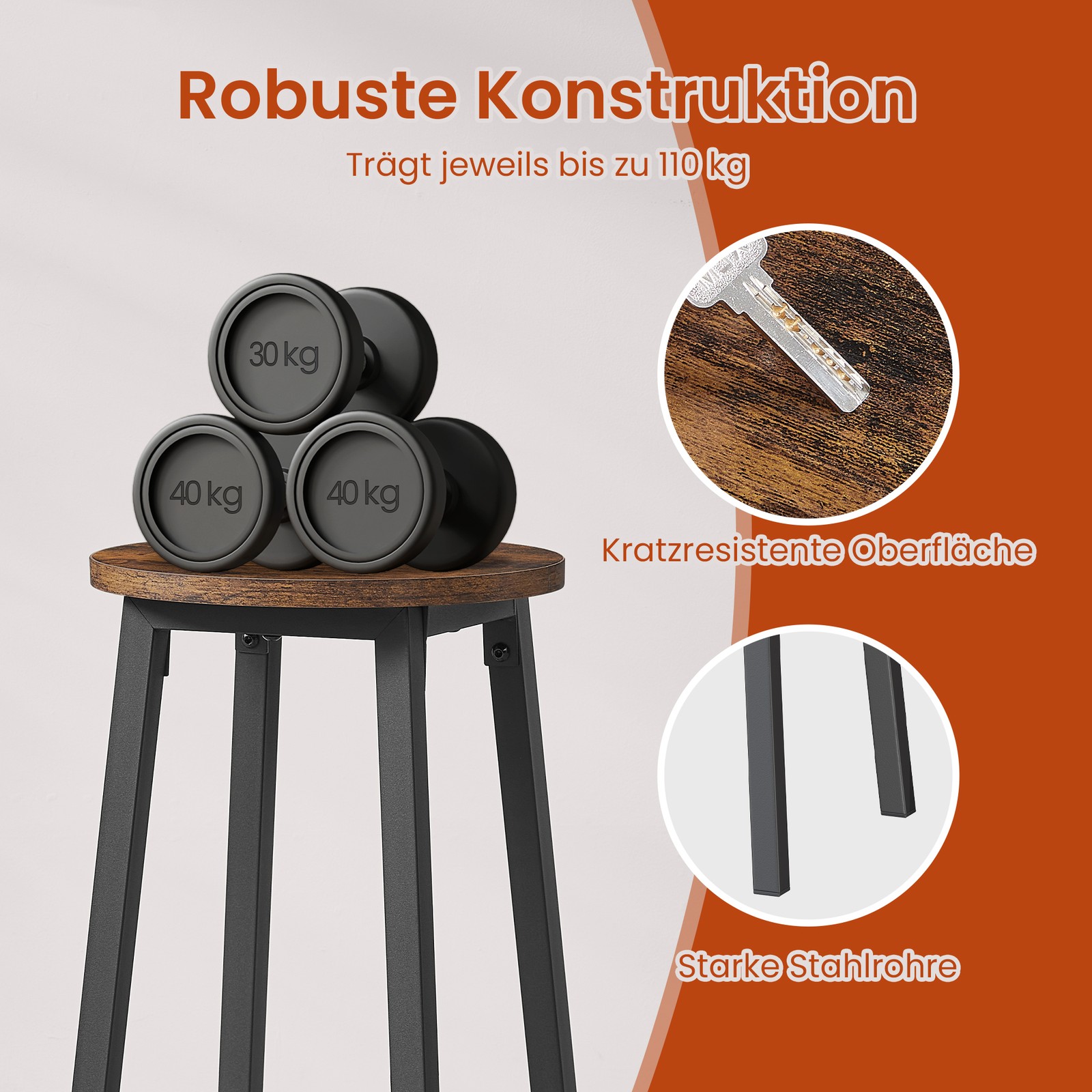 VASAGLE barstole, sæt med 2 stk., barstole, køkkenstole med metalstel, nem montering, 74 cm høje, med fodstøtte, til køkken, stue, spisestue, vintagebrun-sort - Billede 6
