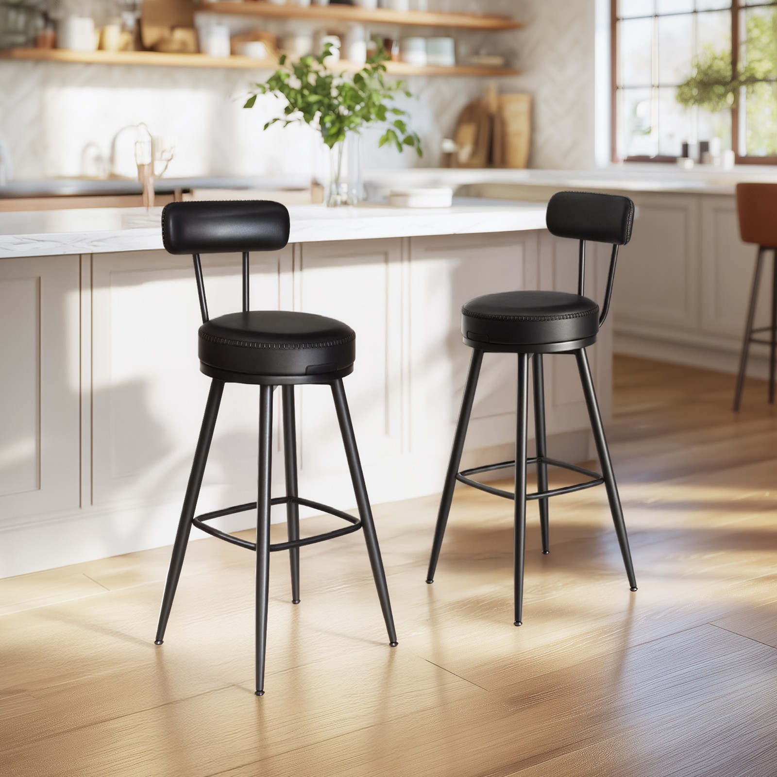 Bar Stool Set of 2, High Swivel Stools with Backrest, Faux Leather - Image 4