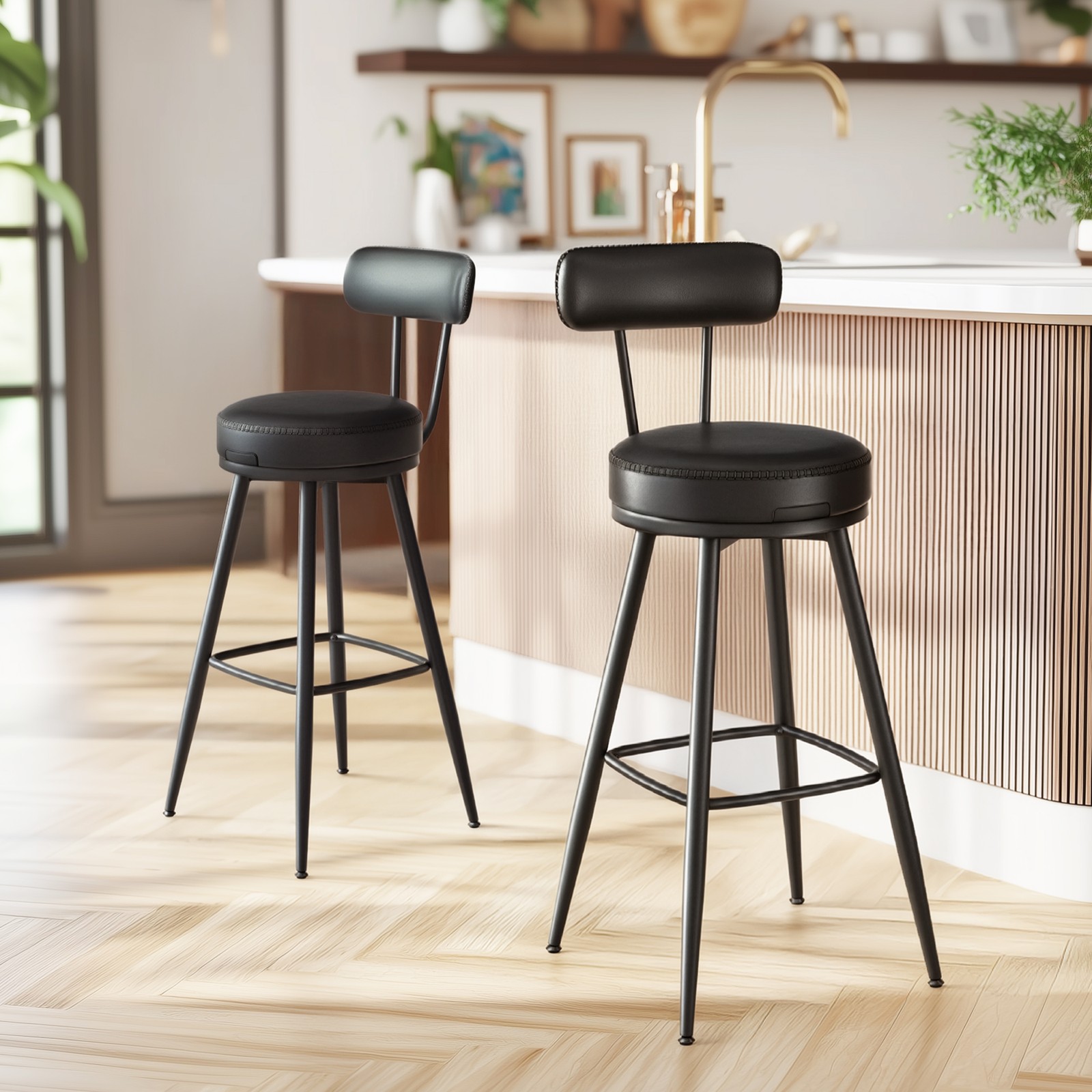 Bar Stool Set of 2, High Swivel Stools with Backrest, Faux Leather - Image 5