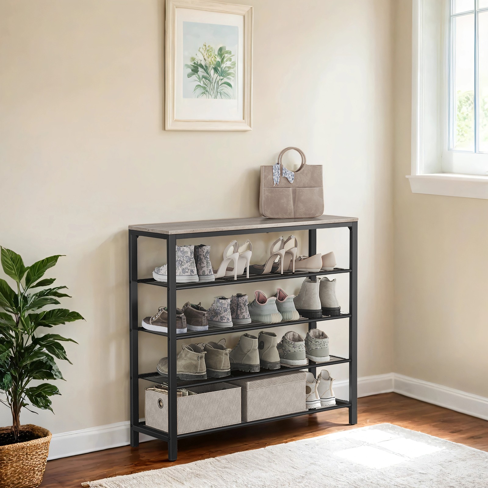 VASAGLE skohylde, skohylde med 4 gitterhylder og stor overflade til tasker, 100 x 30 x 92,5 cm, 16-20 par sko, industrielt design, hasselnøddebrun-sort