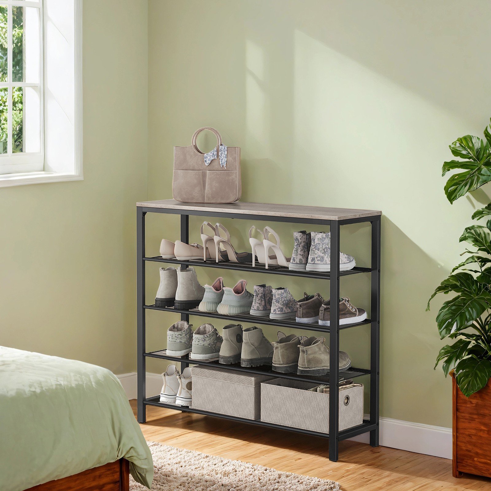 VASAGLE skohylde, skohylde med 4 gitterhylder og stor overflade til tasker, 100 x 30 x 92,5 cm, 16-20 par sko, industrielt design, hasselnøddebrun-sort - Billede 2