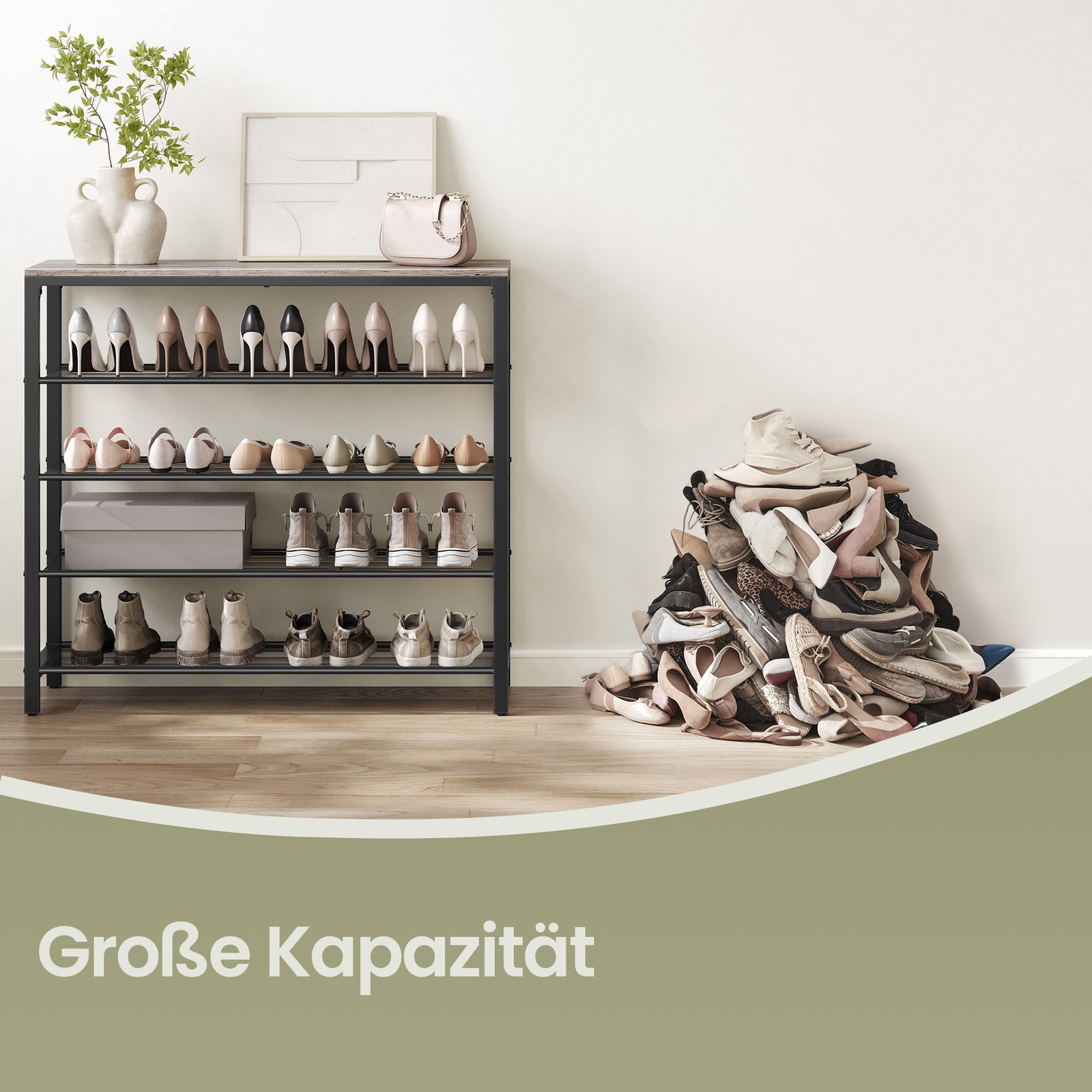 VASAGLE skohylde, skohylde med 4 gitterhylder og stor overflade til tasker, 100 x 30 x 92,5 cm, 16-20 par sko, industrielt design, hasselnøddebrun-sort - Billede 4