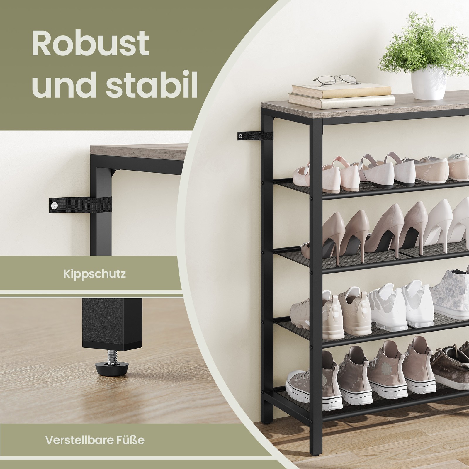 VASAGLE skohylde, skohylde med 4 gitterhylder og stor overflade til tasker, 100 x 30 x 92,5 cm, 16-20 par sko, industrielt design, hasselnøddebrun-sort - Billede 6
