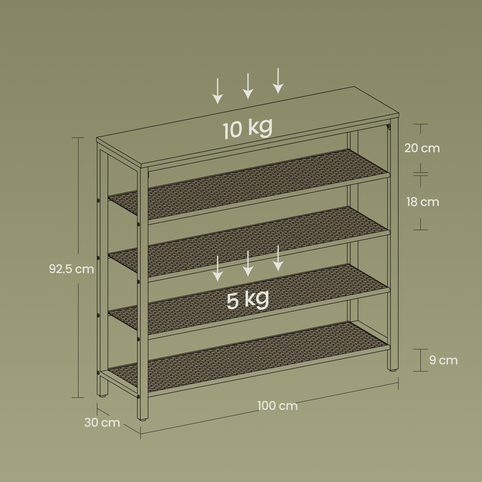 VASAGLE skohylde, skohylde med 4 gitterhylder og stor overflade til tasker, 100 x 30 x 92,5 cm, 16-20 par sko, industrielt design, hasselnøddebrun-sort - Billede 7