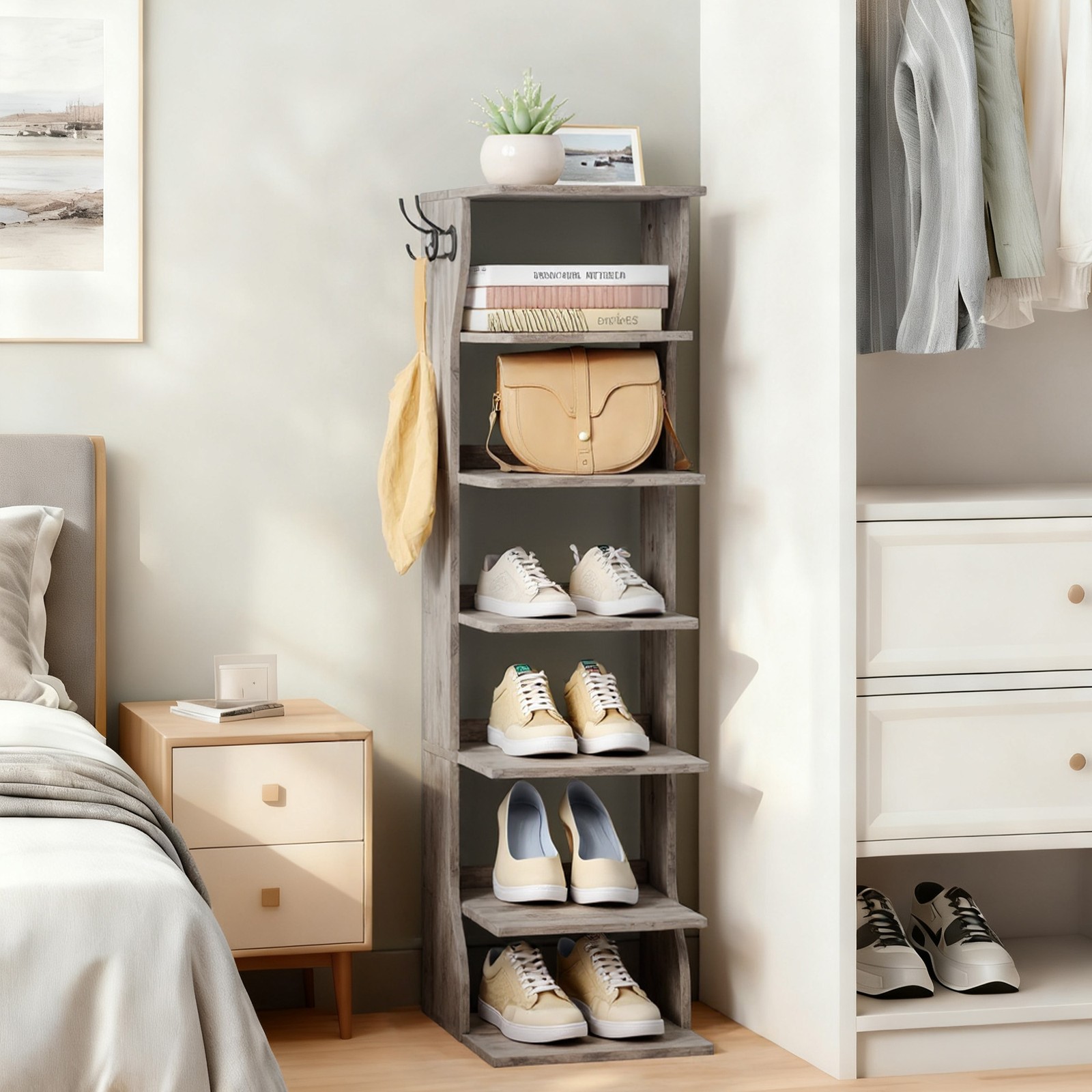 Smal skohylla, platsbesparande fristående hylla, 7 hyllplan, för hallen, hörn, skoförvaring, vit - Bild 5