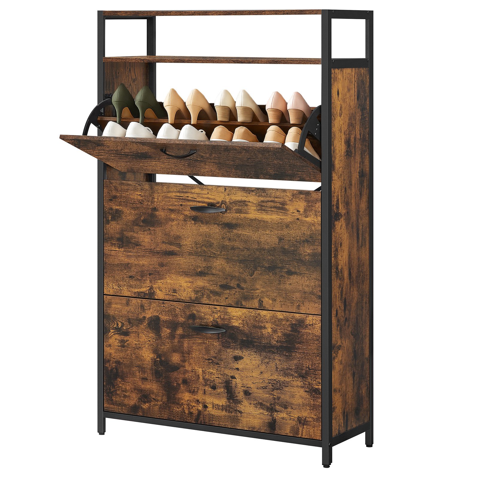 VASAGLE skoskab, skohylde, med 3 låger, skohylde, til 15-18 par sko, 60 x 30 x 130 cm, vintagebrun-sort - Billede 2