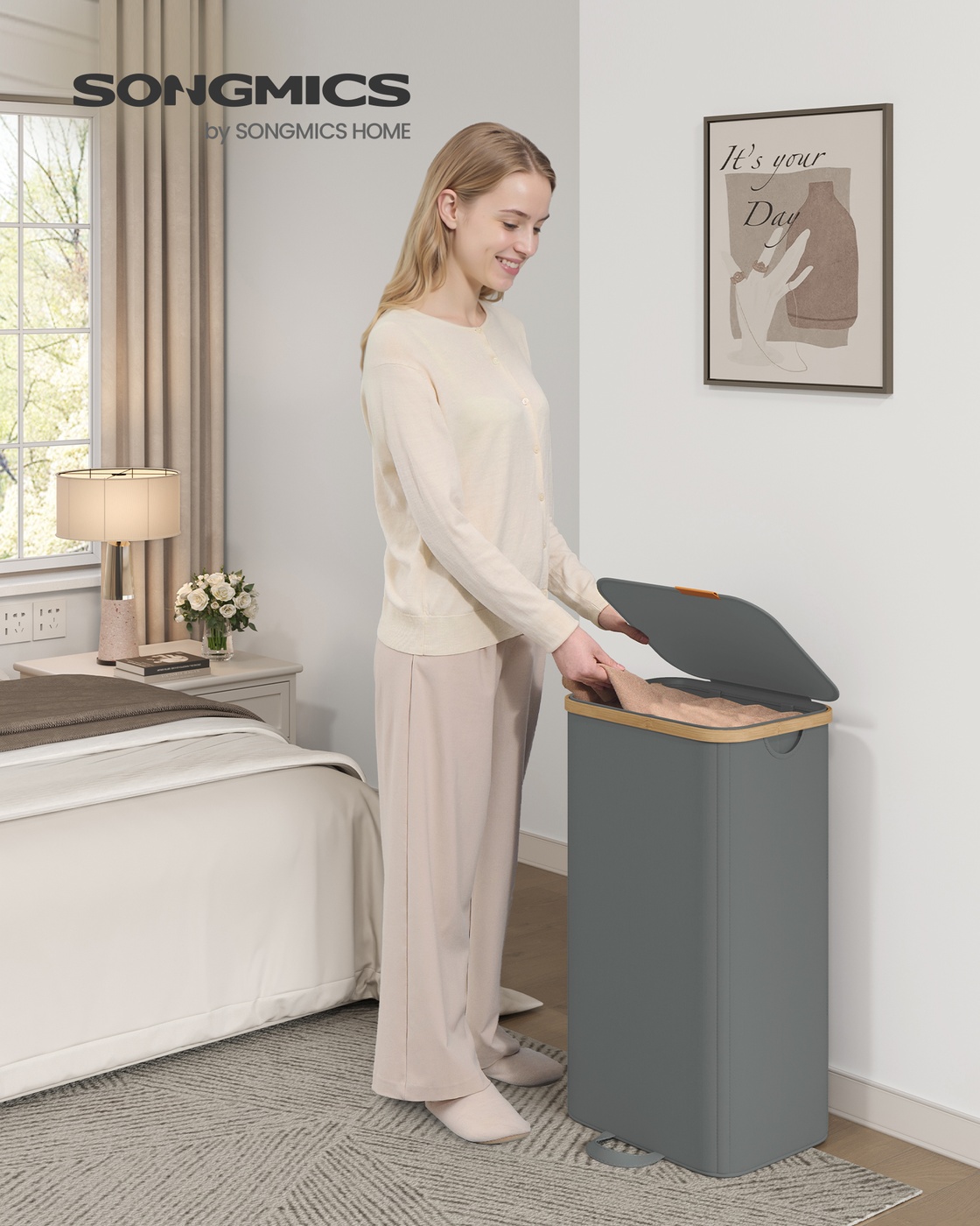 Laundry basket with lid and removable laundry bag, 100 L, slate gray - Image 2