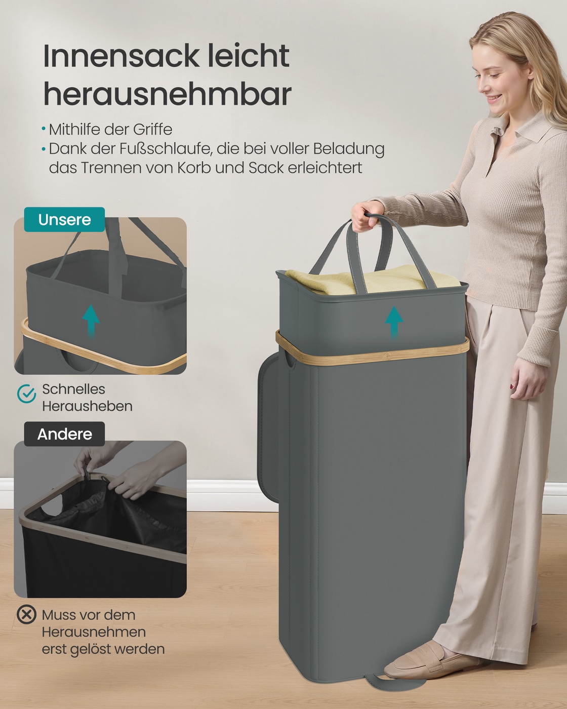 Laundry basket with lid and removable laundry bag, 100 L, slate gray - Image 3