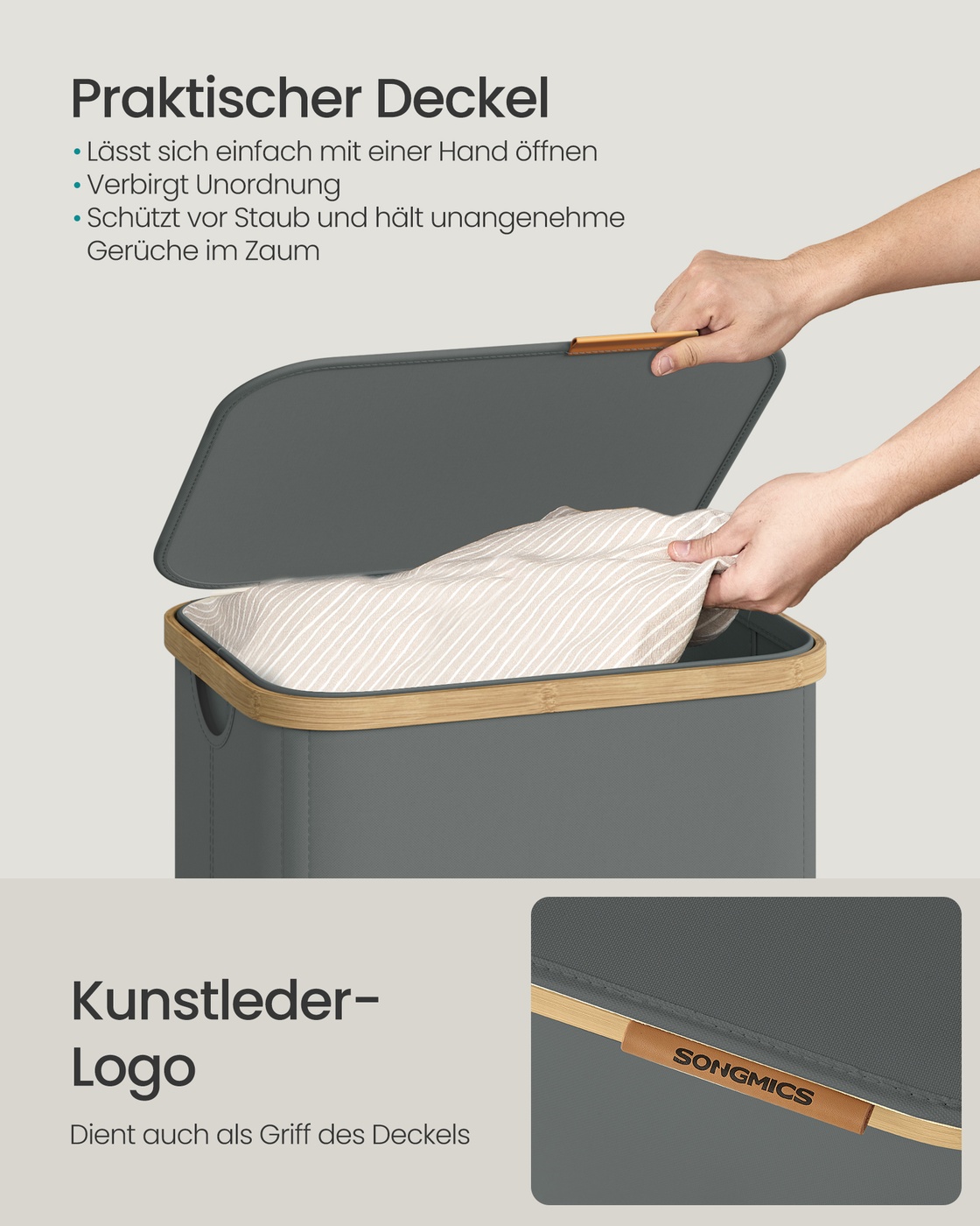 Laundry basket with lid and removable laundry bag, 100 L, slate gray - Image 4