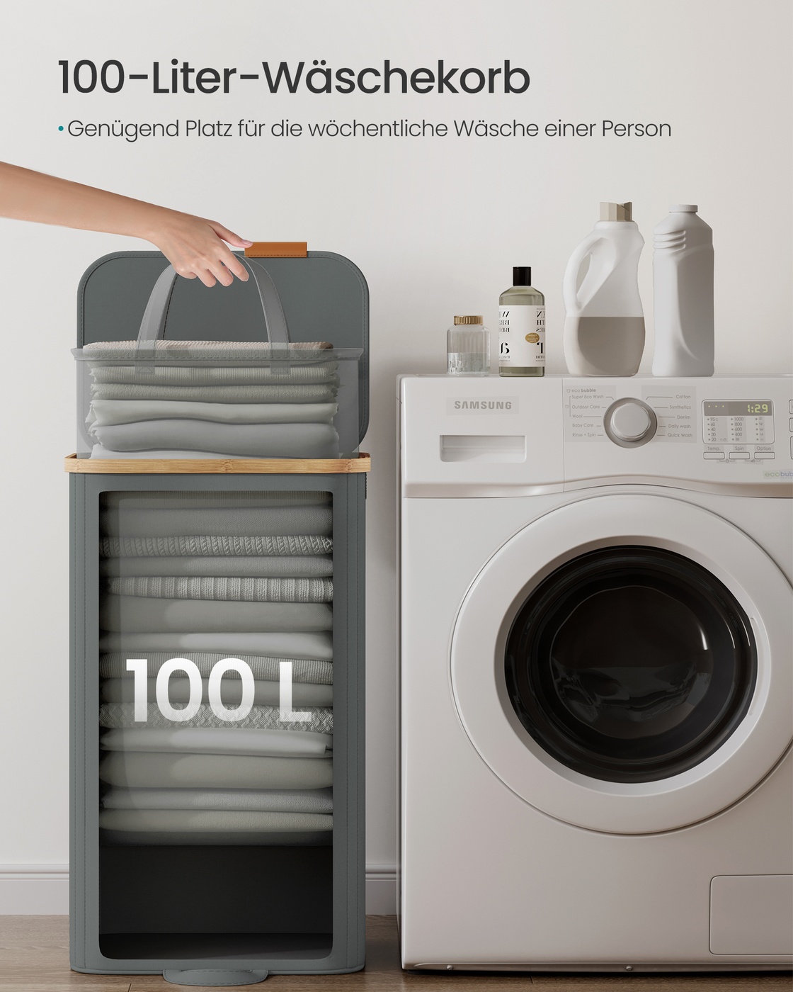 Laundry basket with lid and removable laundry bag, 100 L, slate gray - Image 5