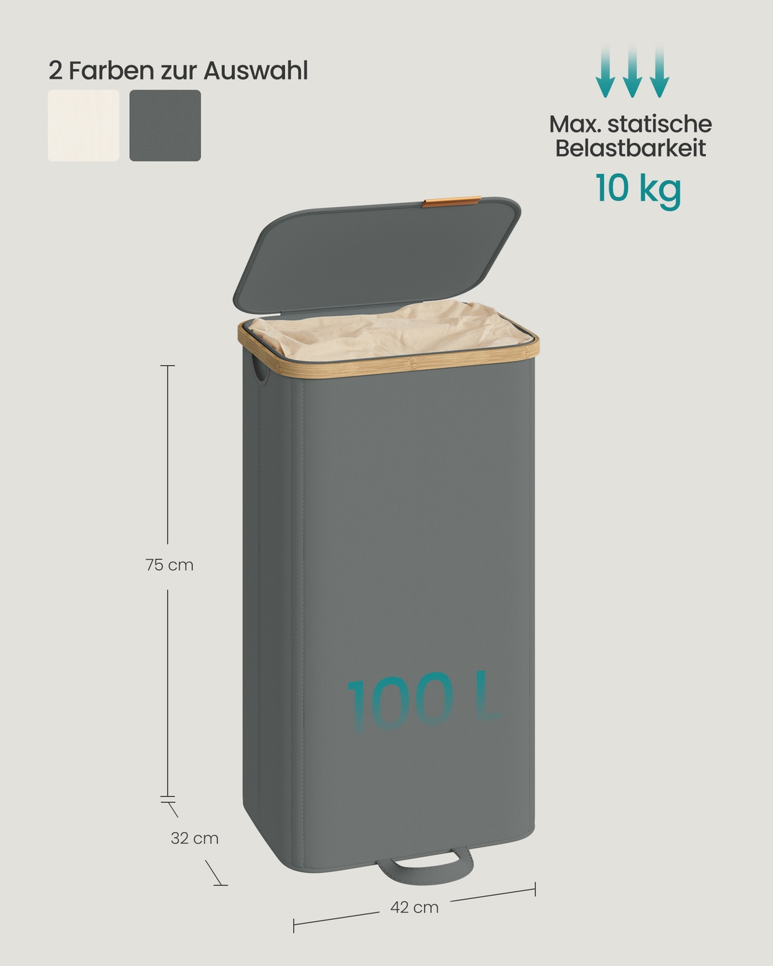 Laundry basket with lid and removable laundry bag, 100 L, slate gray - Image 6