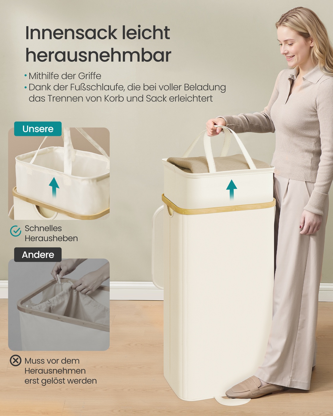 Tvättkorg med lock och avtagbar tvättsäck 100 L krämvit - Bild 3