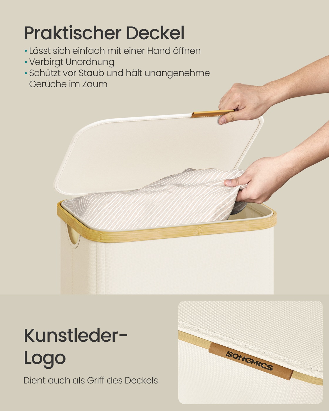 Tvättkorg med lock och avtagbar tvättsäck 100 L krämvit - Bild 4