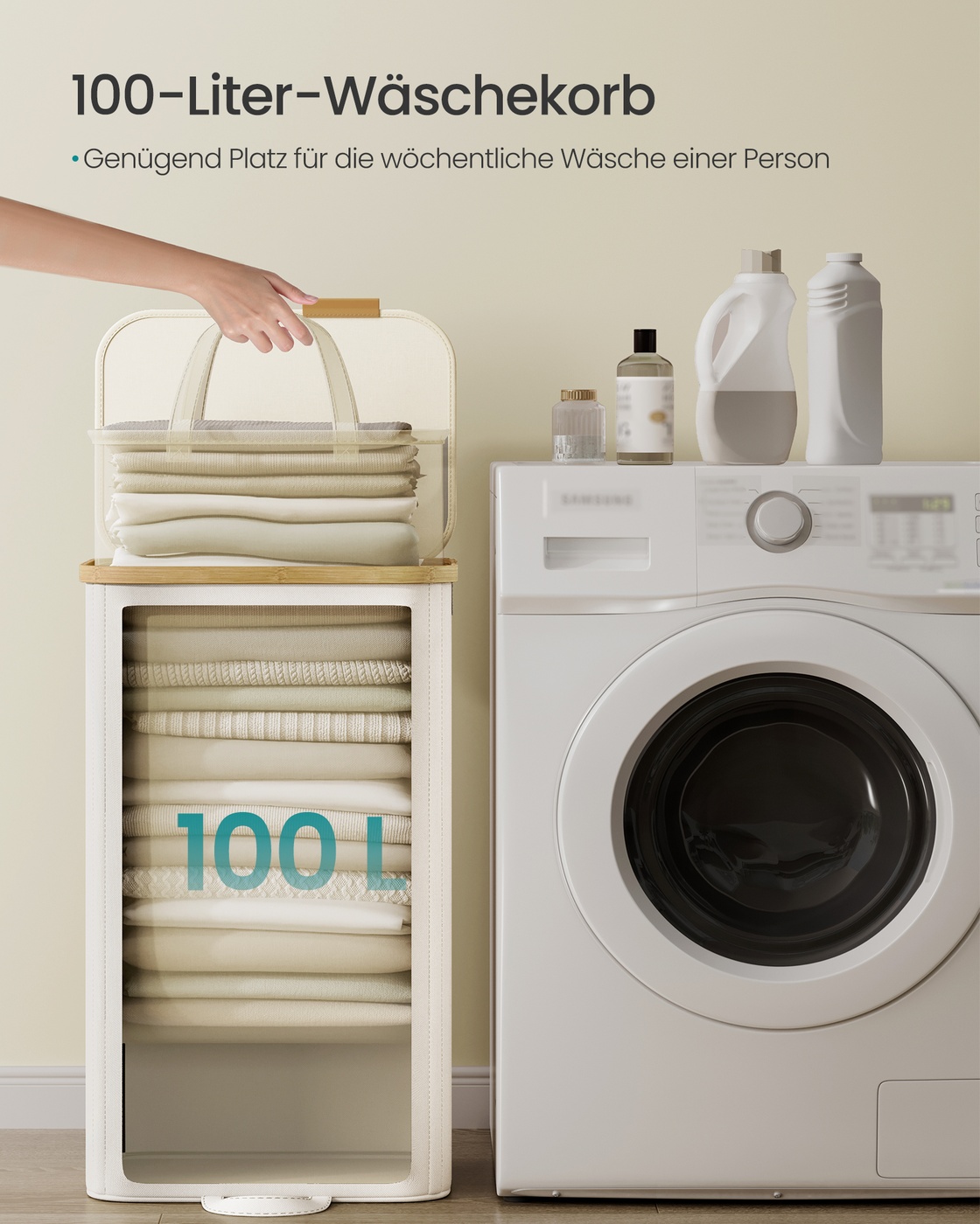 Tvättkorg med lock och avtagbar tvättsäck 100 L krämvit - Bild 5