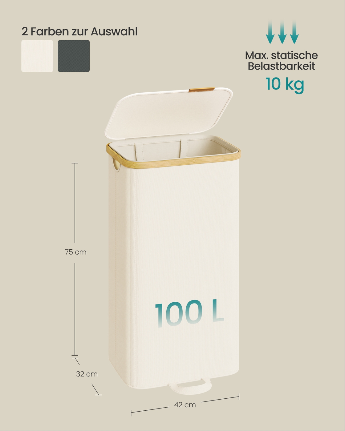 Tvättkorg med lock och avtagbar tvättsäck 100 L krämvit - Bild 6