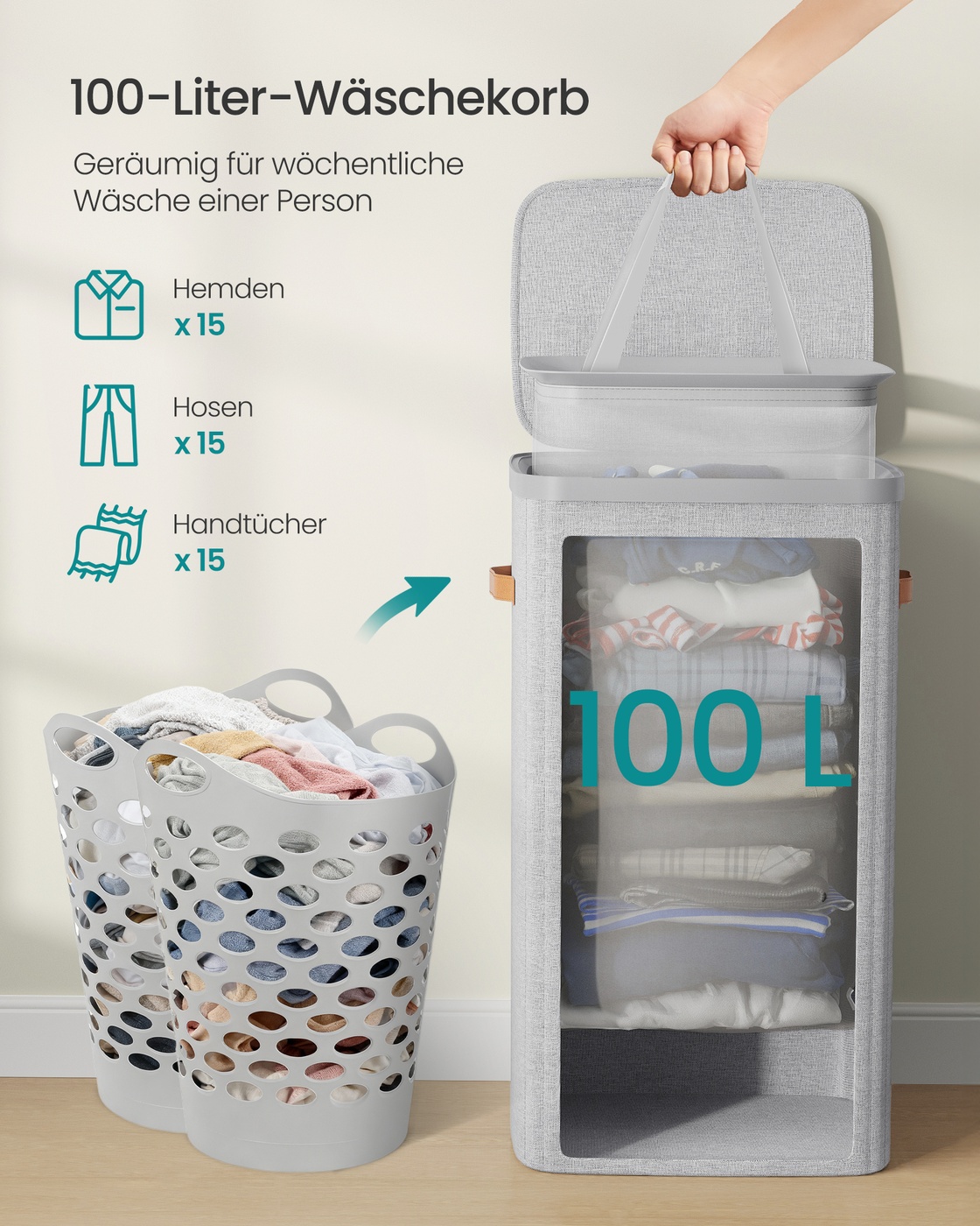 Practical laundry basket with compartments and lid - Image 4