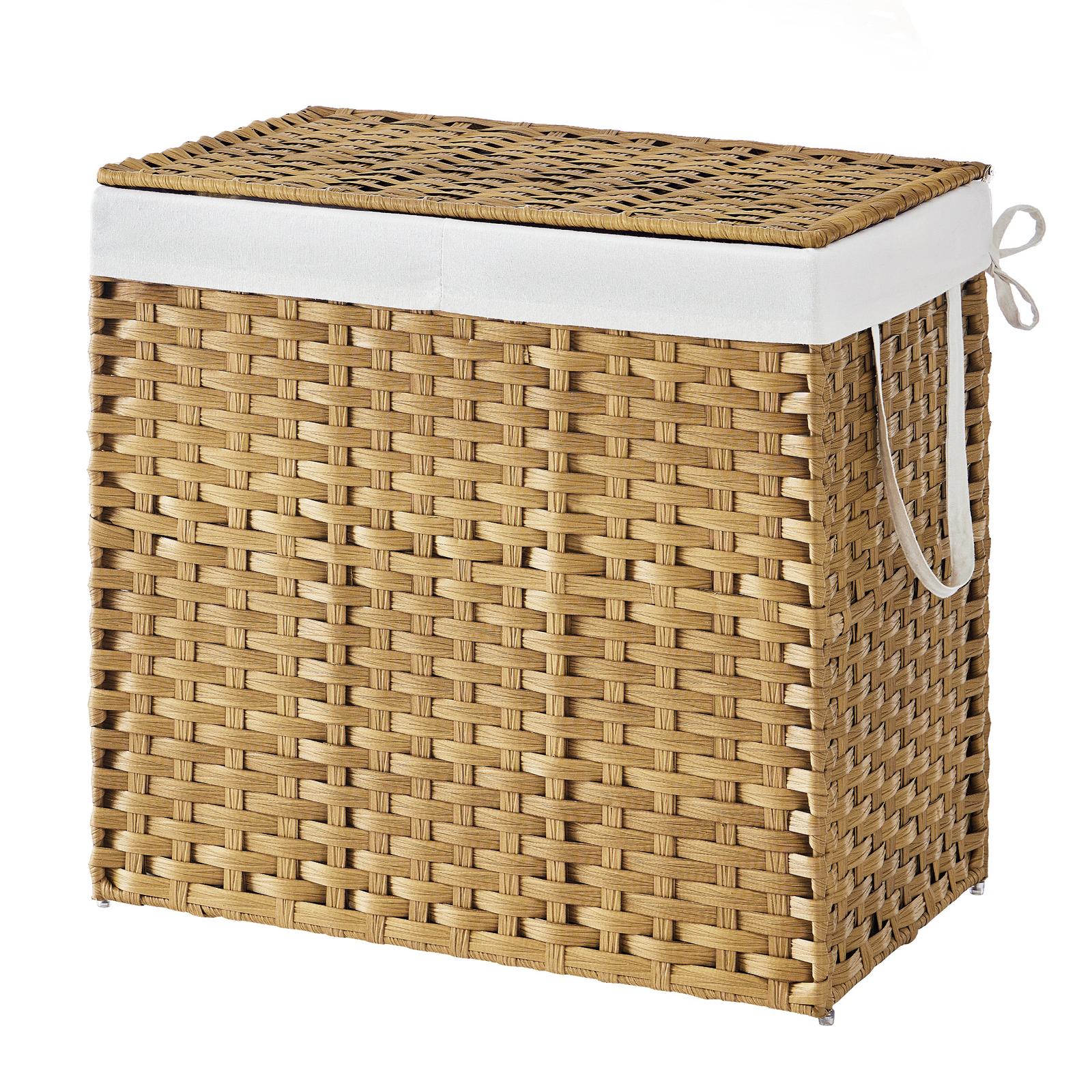 Laundry bin with 2 compartments, foldable rattan laundry basket with lid and handles, removable laundry bag