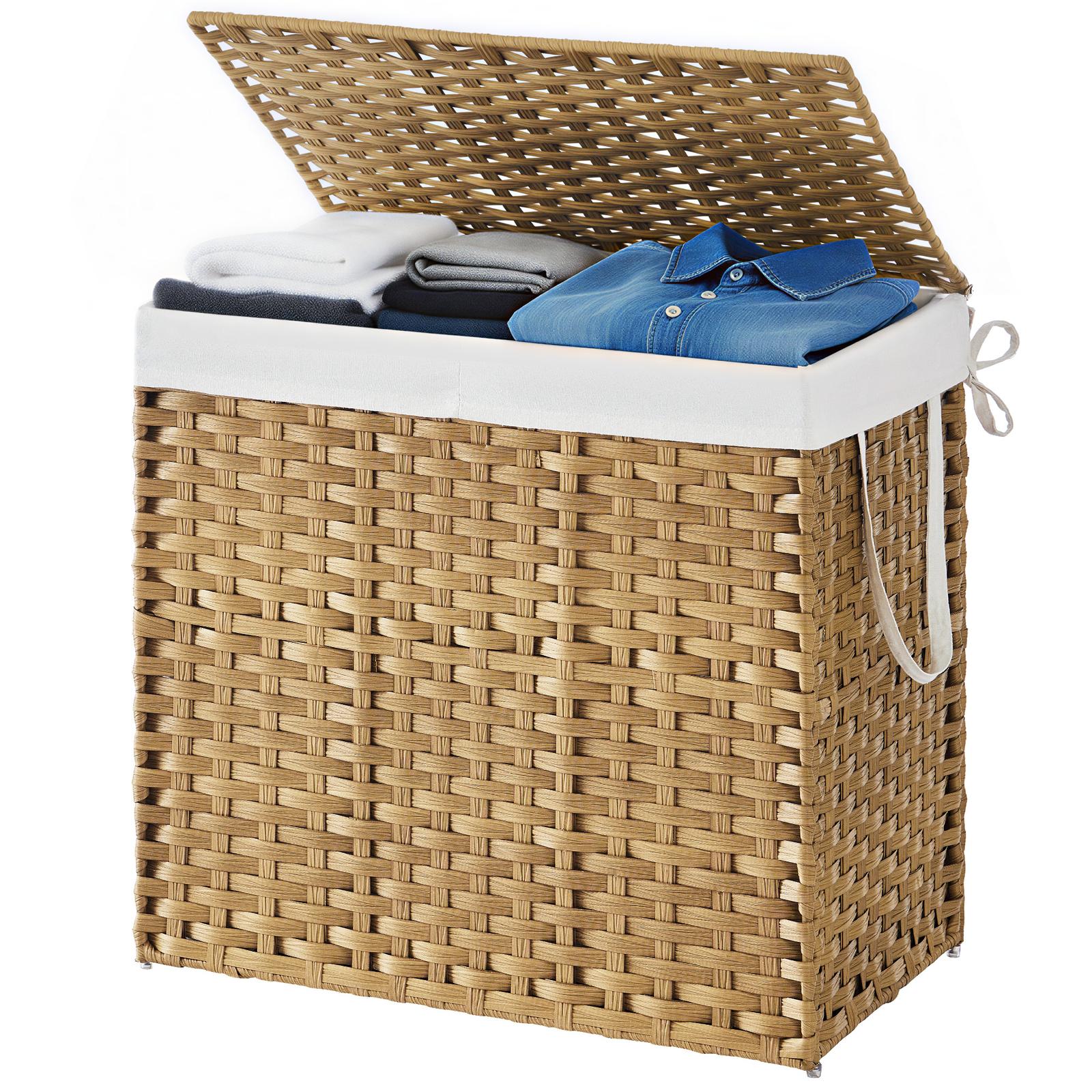 Laundry bin with 2 compartments, foldable rattan laundry basket with lid and handles, removable laundry bag - Image 2