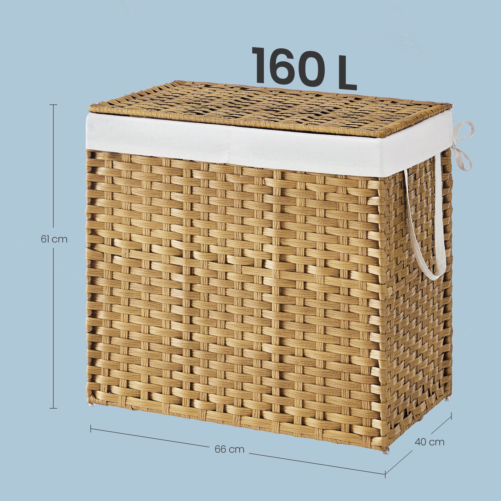 Laundry bin with 2 compartments, foldable rattan laundry basket with lid and handles, removable laundry bag - Image 3