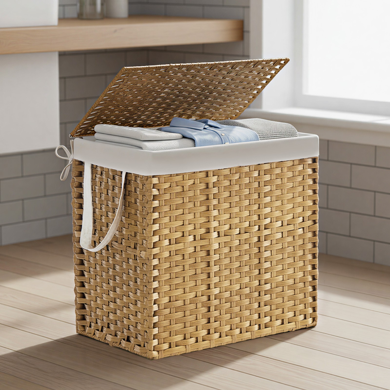 Laundry bin with 2 compartments, foldable rattan laundry basket with lid and handles, removable laundry bag - Image 4