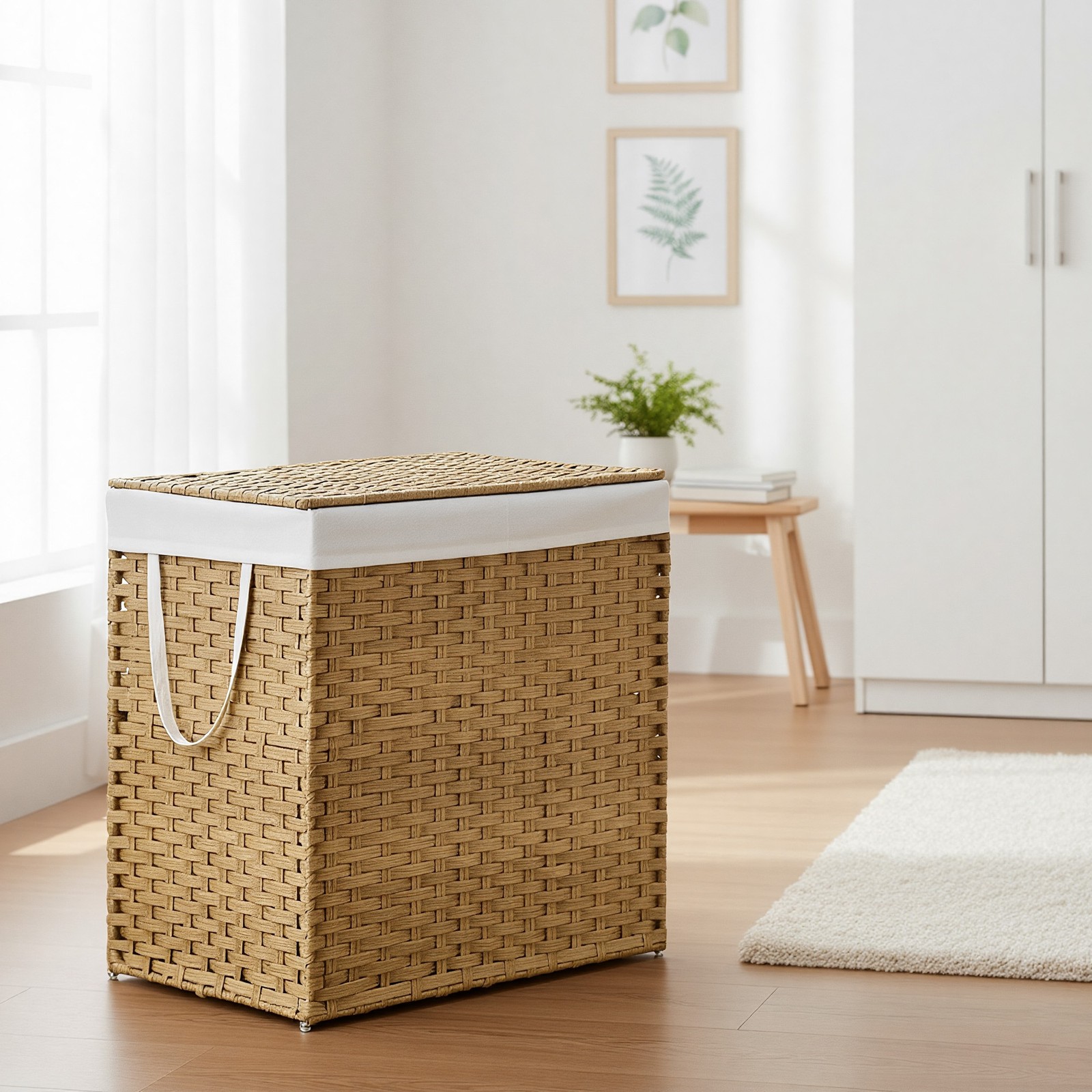 Laundry bin with 2 compartments, foldable rattan laundry basket with lid and handles, removable laundry bag - Image 5