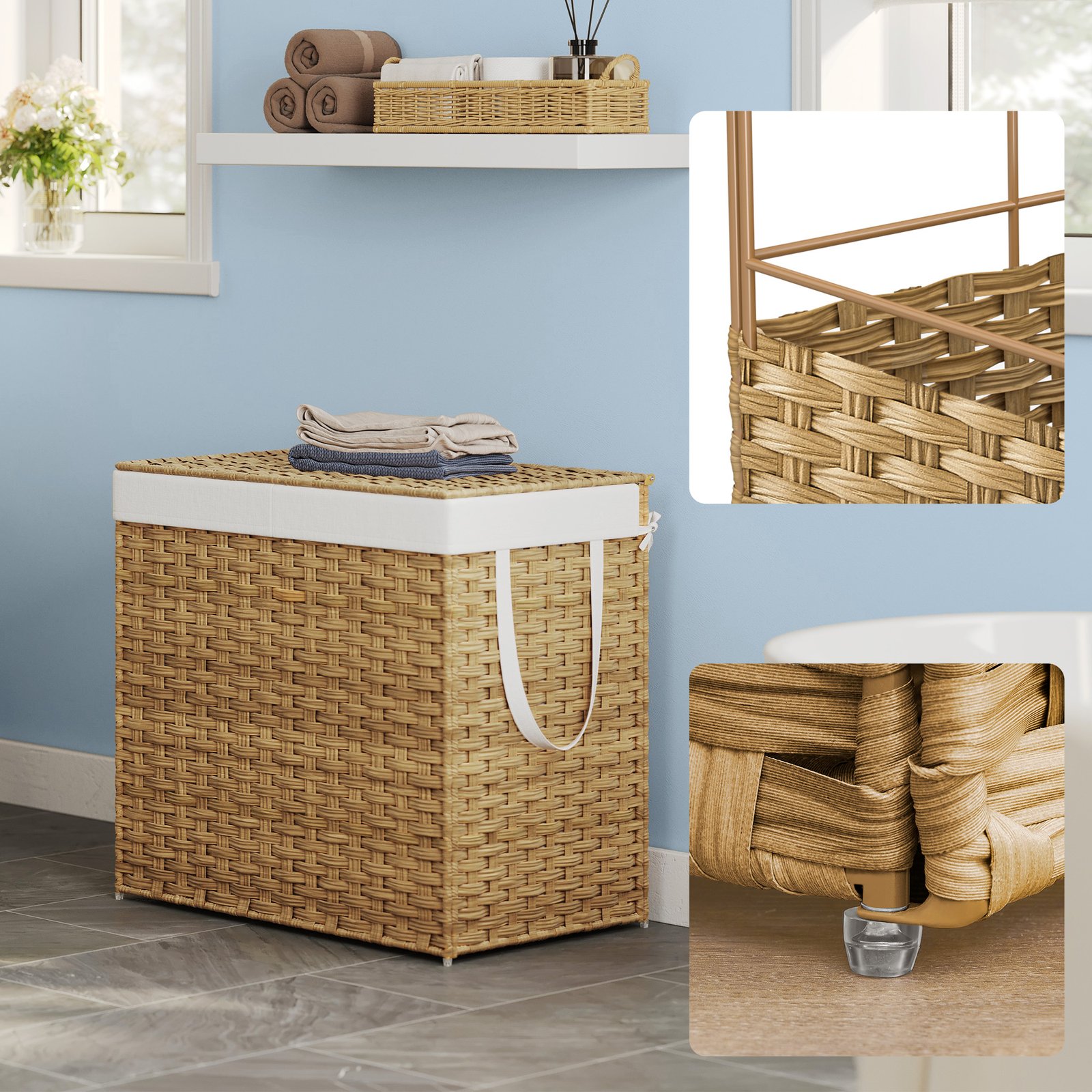 Laundry bin with 2 compartments, foldable rattan laundry basket with lid and handles, removable laundry bag - Image 6