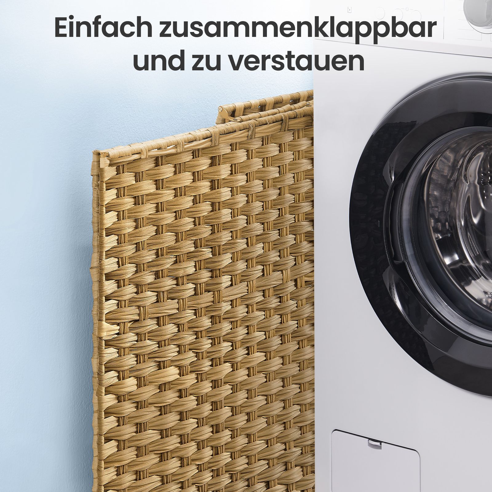 Laundry bin with 2 compartments, foldable rattan laundry basket with lid and handles, removable laundry bag - Image 7