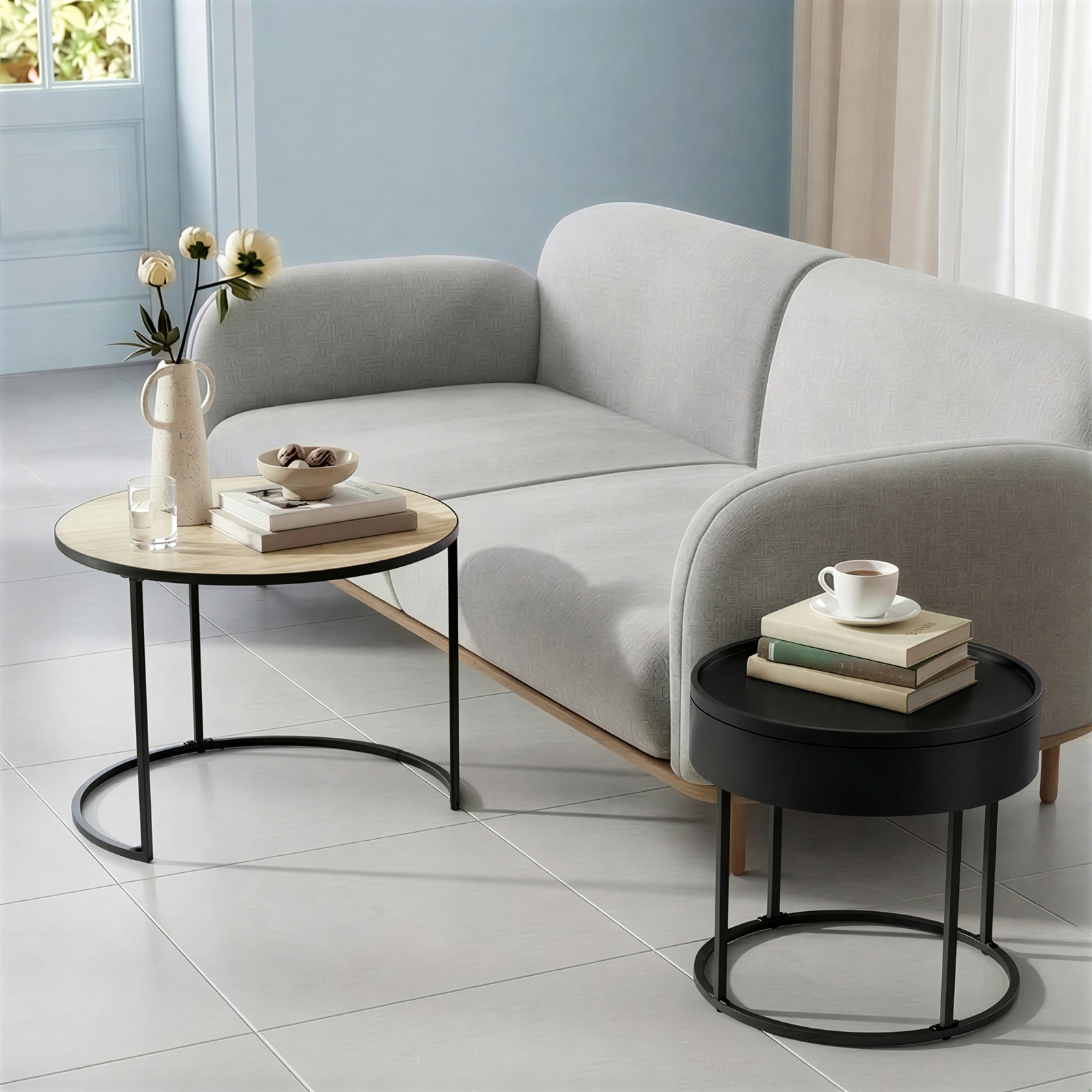 Sofabord, sæt med 2 stk., rundt sidebord, moderne - Billede 4