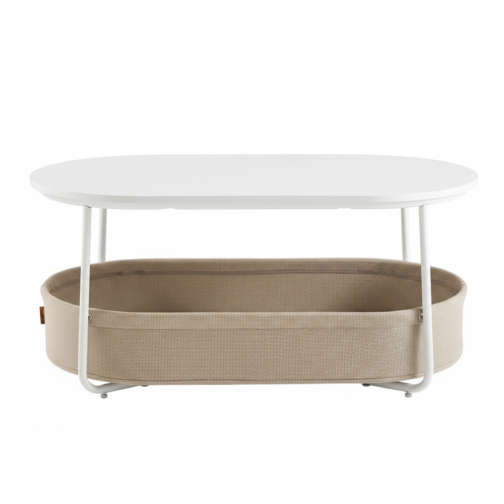 Living room table with fabric basket, side table with storage, metal frame